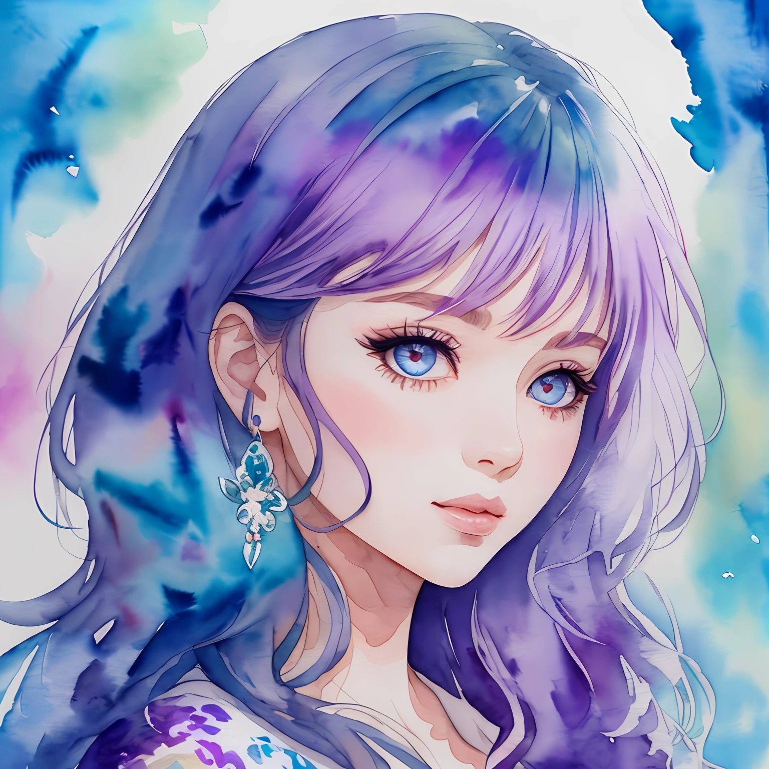 (Best Quality), (Masterpiece: 1.2), (Colorful: 0.9), (Ink Splash), (Color Splash), ((Watercolor)), Sharp Focus, (Portrait Summer Goddess: 1.5), Cute Look, Elegant Blue-Violet Haircut, Beautiful and Detailed Face and Eyes, Elegant Winter Clothes, Snowy Forest Background, Colored Water