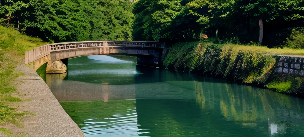 there is a small river running through a park with a bridge, moat, historical setting, trending photo, beautiful iwakura, canal, by Tsubasa Nakai, taken in the early 2020s, water reservoir, iwakura, by Sengai, photoshoot, river with low hanging plants, by Katsukawa Shun'ei