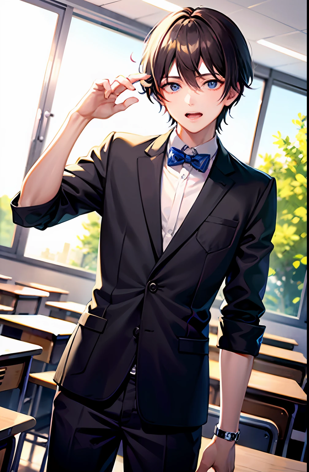 最佳质量,超高分辨率,1 man, with short colored hair, handsome boy's school uniform and blue eyes, in the classroom.