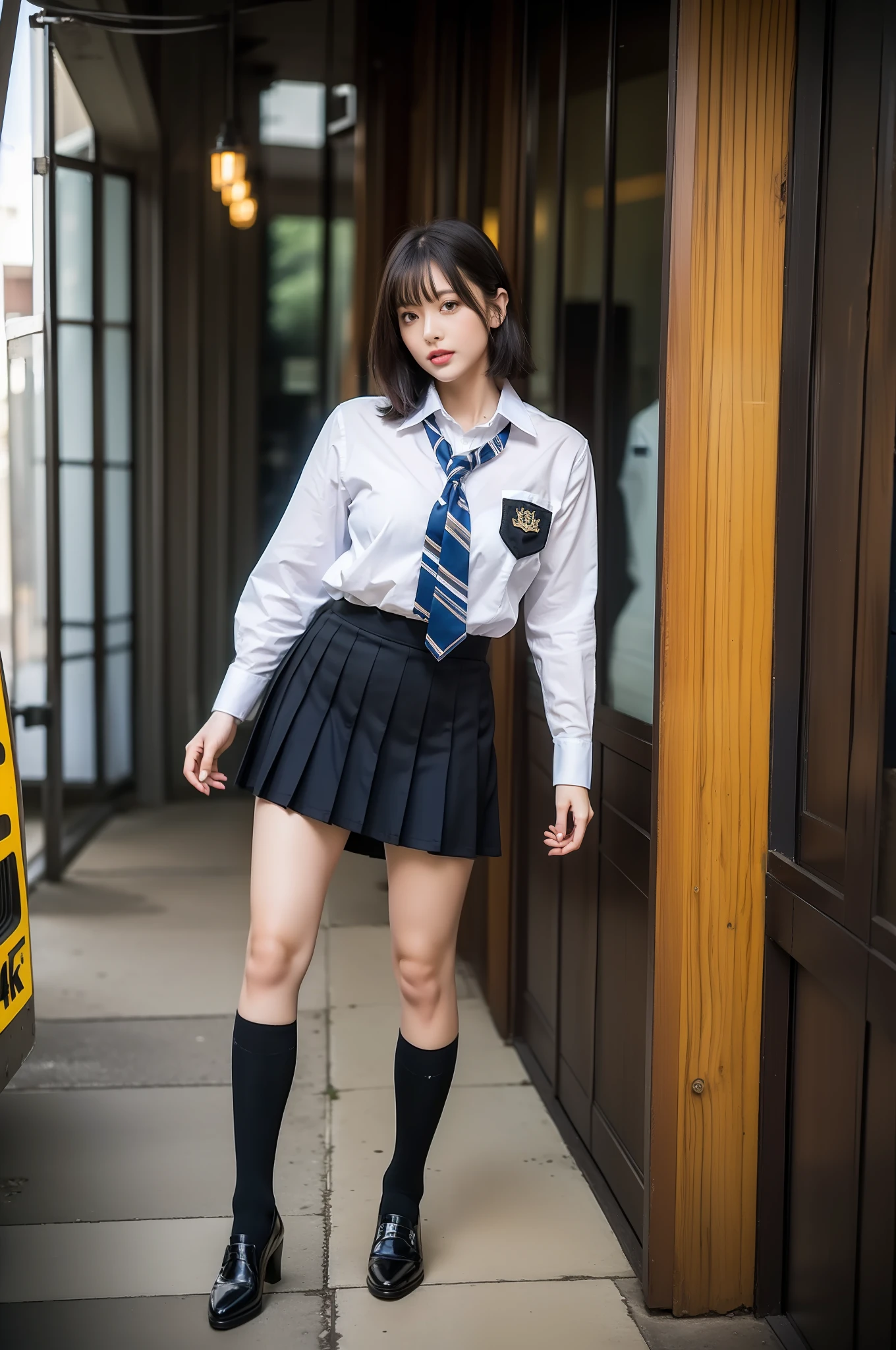 High QualityMix4, 20D, Solo, long_hair, Shirt, Dress, high_heels,full_body, look_at_viewer, (8k, RAW Photography, Best Quality, Masterpiece:1.2), (Realistic, Thick Thighs, Tall, Leggy, Leggy, School Uniform, Cutter Shirt, Tie, Black Hair, Short Hair, High Socks