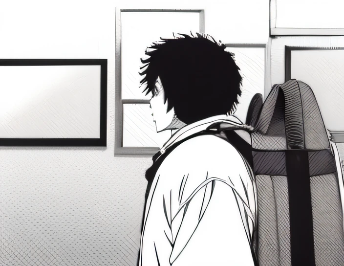 Boy with backpack looking at picture frame in the room, Kentaro Miura manga style, black and white manga panel, Kentaro Miura manga art style, Atsushi Nihei style, as manga panel, friends Onodera, Mizuishida art manga, Hinomori, is a boy