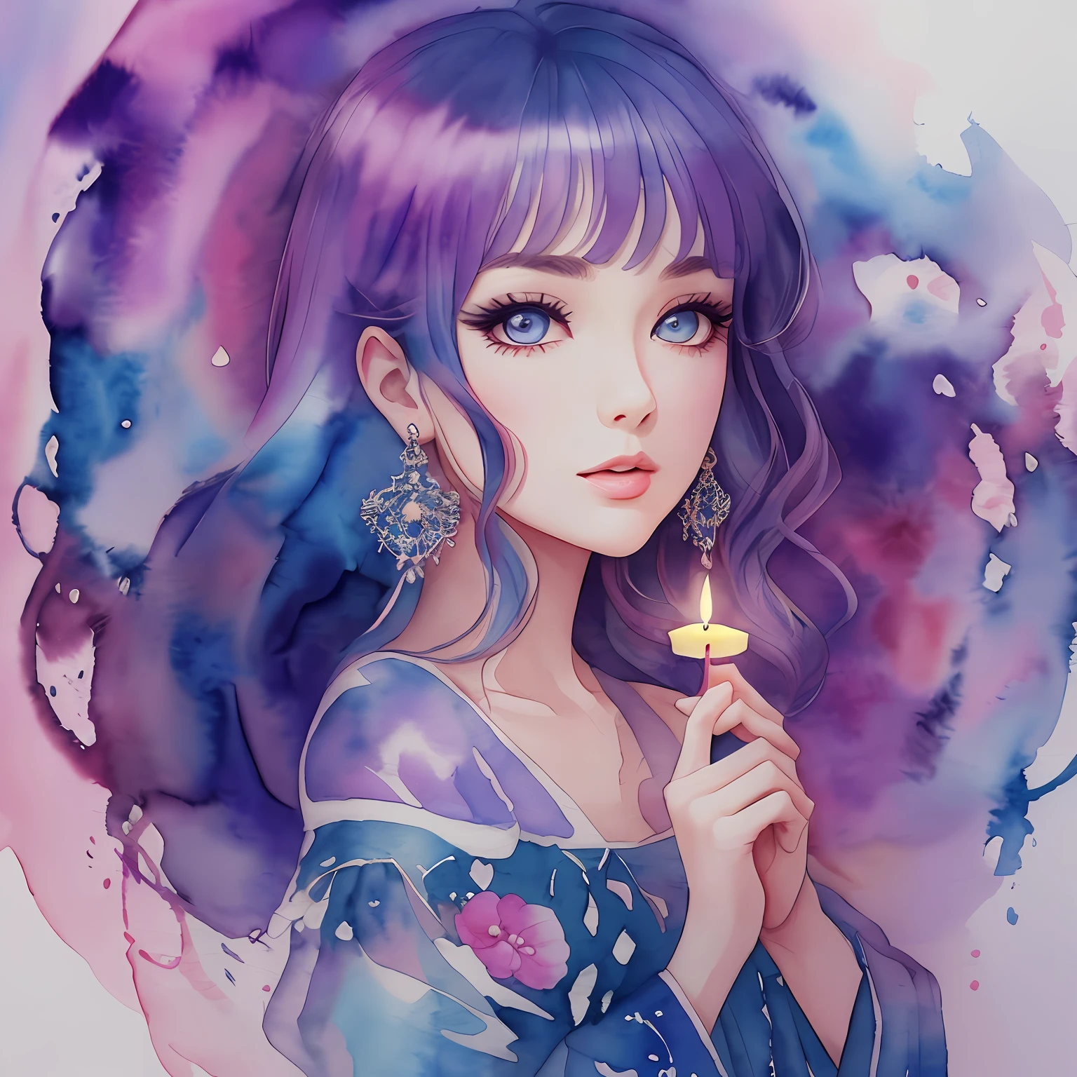 (Best Quality), (Masterpiece: 1.2), (Colorful: 0.9), (Ink Splash), (Color Splash), (Watercolor)), Sharp Focus, (Portrait Summer Goddess: 1.5), Cute Look, Elegant Blue-Violet Haircut, Beautiful and Detailed Face and Eyes, Elegant Winter Clothes, Candle Background, Colored Water