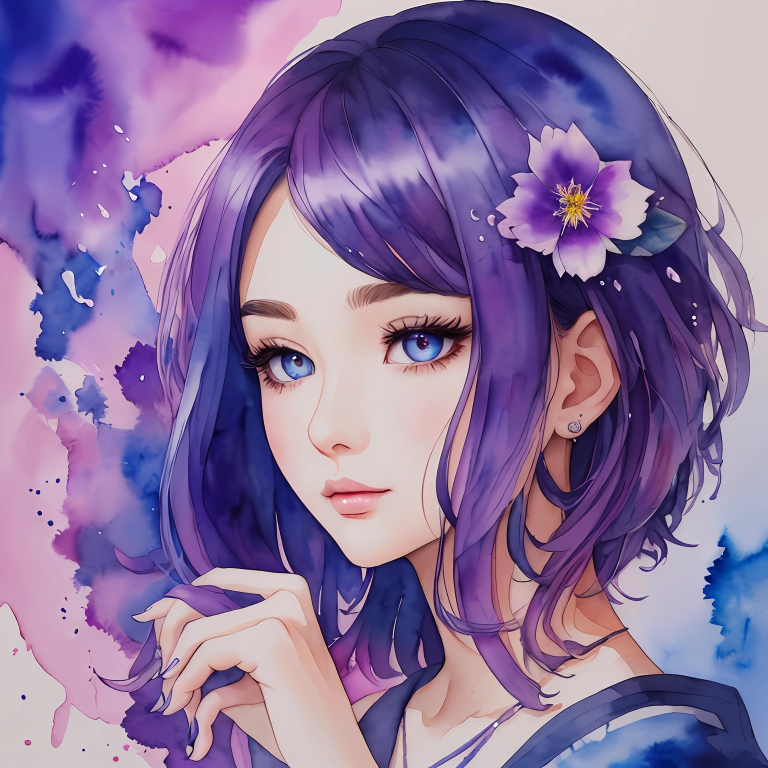 (Best Quality), (Masterpiece: 1.2), (Colorful: 0.9), (Ink Splash), (Color Splash), (Watercolor)), Sharp Focus, (Portrait Summer Goddess: 1.5), Cute Look, Elegant Blue-Violet Haircut, Beautiful and Detailed Face and Eyes, Elegant Winter Clothes, Candle Background, Colored Water