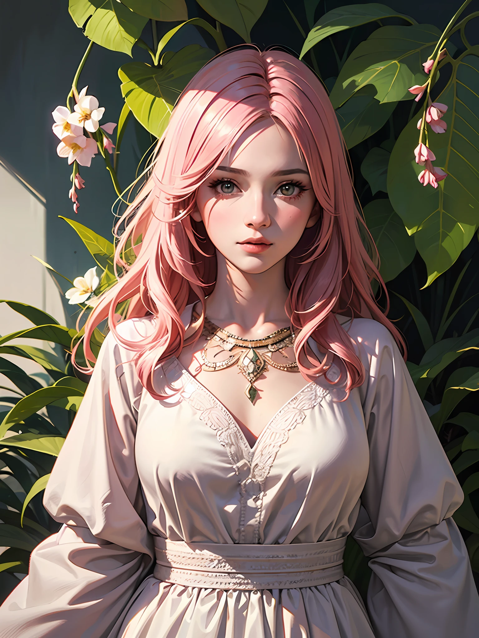 Trends on ArtStation, Trends on CGSociety, Intricate, High Detail, Sharp Focus, Dramatic, Realistic Art of Drawing by Midjourney and 1girl, pink hair, (Botanical Illustration: 1.5), White Dress