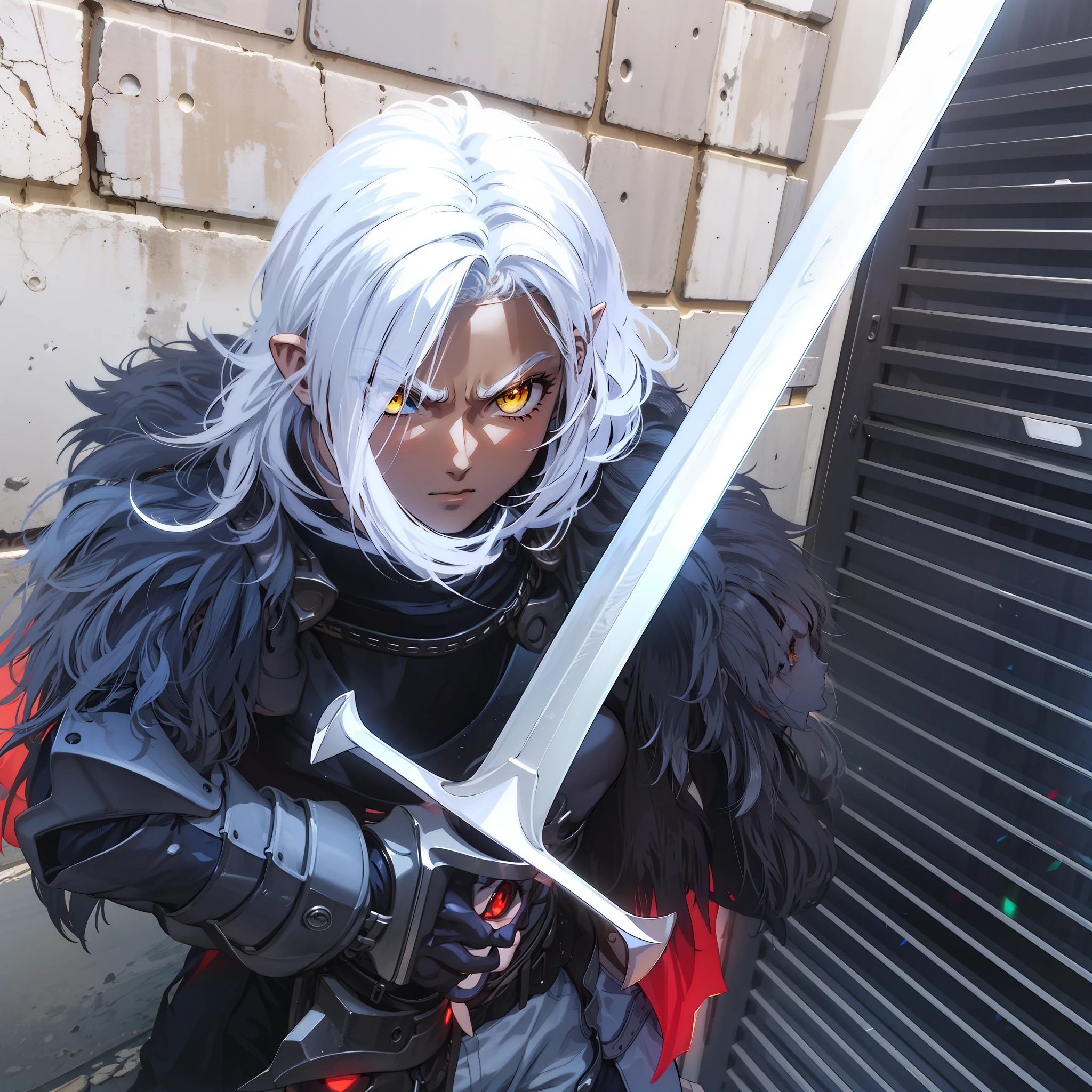 Boy, brown skin, holding a sword, pointed ears,4k, yellow eyes, black armor
