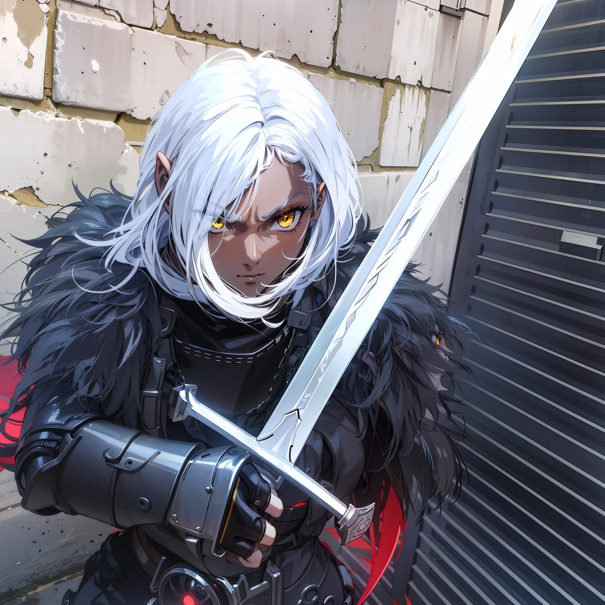 Boy, brown skin, holding a sword, pointed ears,4k, yellow eyes, black armor