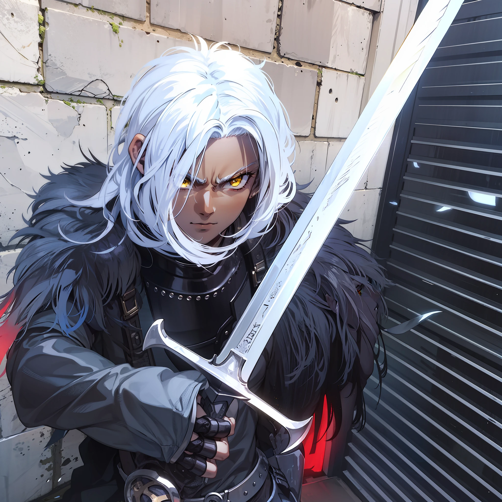 Boy, brown skin, holding a sword, pointed ears,4k, yellow eyes, black armor