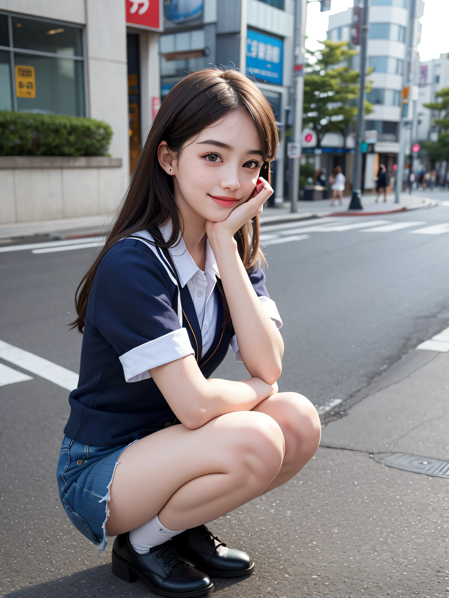 1girl,8k, RAW photo, best quality, masterpiece, realistic, photorealistic, smile, high school girl uniform, cute,tokyo street, cityscape, upper body,squatting,nogizaka46,