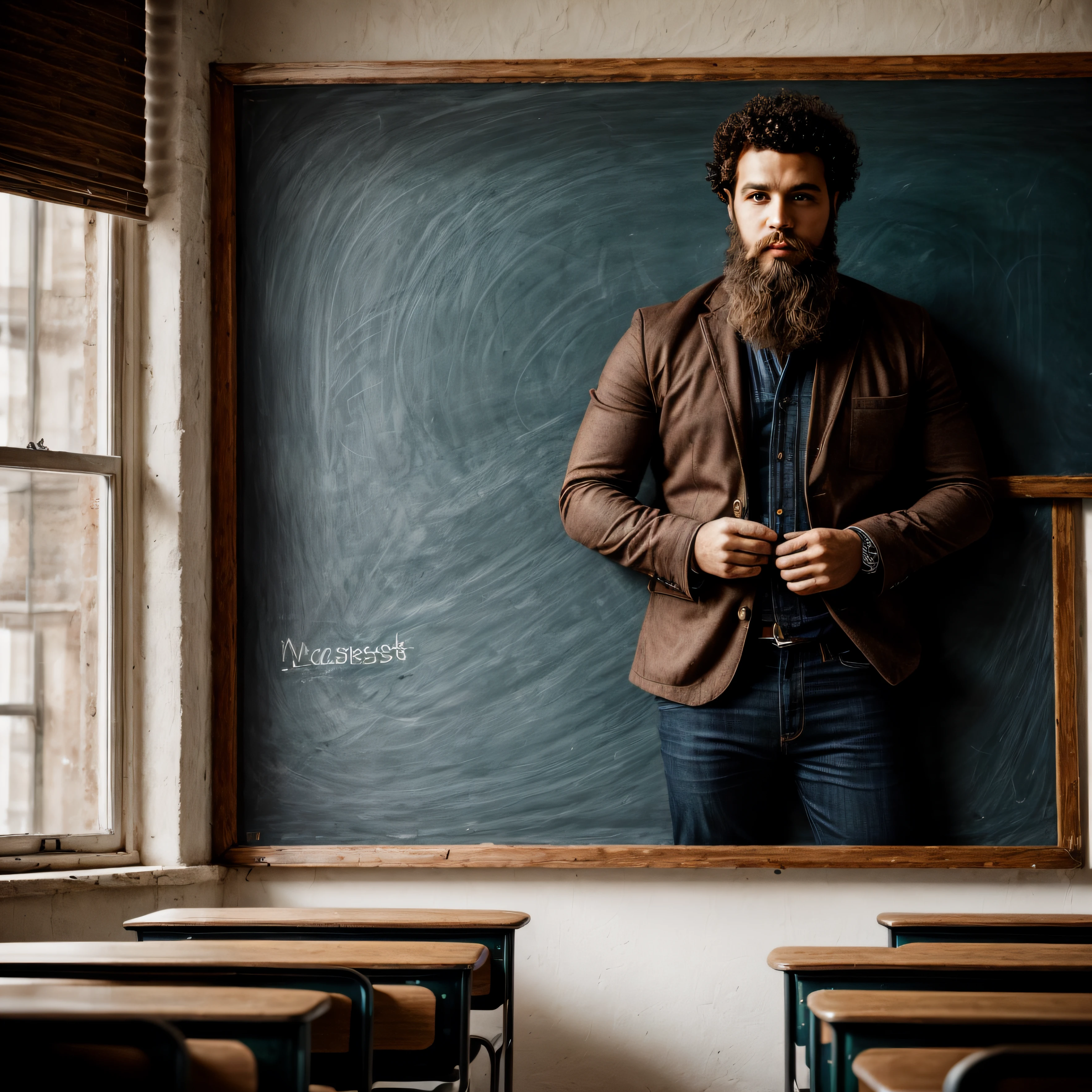 "(masterpiece, best quality),a teacher with green eyes,beard,curly black hair,facing a blackboard in a classroom,window,chairs,books,curtain