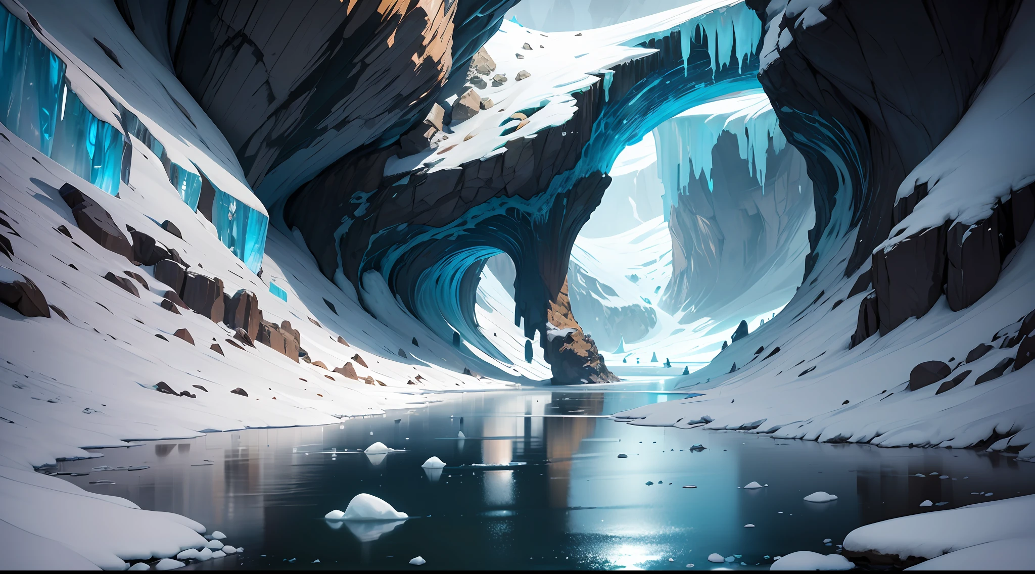 drawing inspiration from the world of anime and the aesthetics of modern cinema. Paint a vivid picture of an awe-inspiring background set against the backdrop of a glacier. Picture the glacier as a testament to nature's raw beauty, adorned with exposed rocks that add an element of ruggedness. At the heart of this majestic scenery, imagine a narrow stream, barely two feet wide, gracefully flowing out of a massive prominent foreboding ice cave. Snowbanks gracefully flank the stream on both sides, while a prominent snowbank in the foreground adds depth to the composition. Employ lighting techniques that accentuate the texture and details of the rocks, casting intriguing shadows that enhance the overall atmosphere. Infuse the color palette with a sense of coolness and tranquility, inspired by the pristine arctic environment. Optimize the camera settings to capture the breadth and grandeur of the glacier, utilizing a wide-angle lens and positioning the camera to showcase the delicate stream as it emerges from the cave and into the vastness of the icy landscape.
