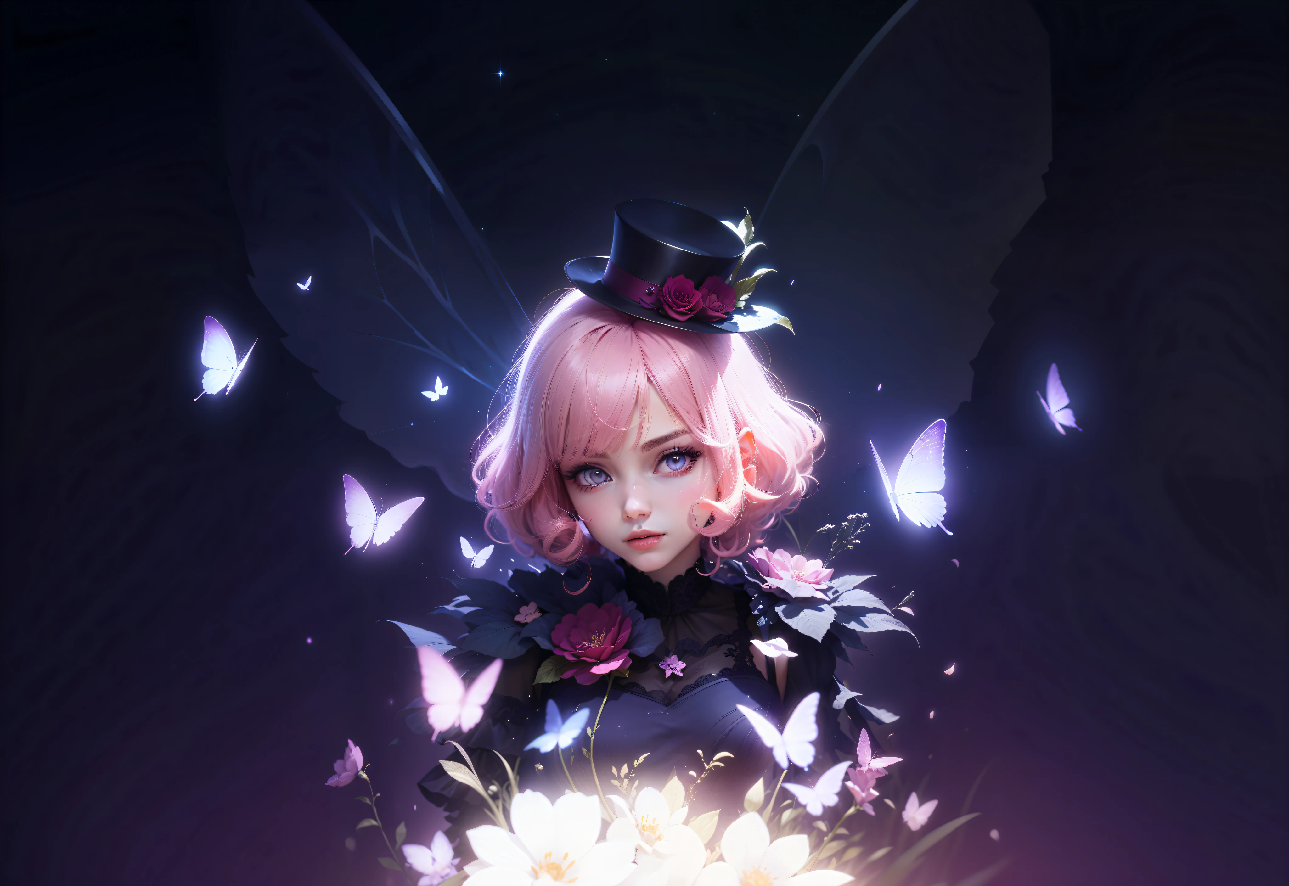 High-quality and exquisite depiction, 4K picture quality masterpiece, gorgeous light and shadow creation, diffuse aura and haze, messy hairstyle display, gorgeous scenes are beautiful, exquisite and elegant clothing, pink hair jumps out of dream, charming and detailed pupils, dynamic angle, exciting pink hair, the whole body is meticulous and charming, ta off-the-shoulder dress beautiful clothes, flowers red decoration, black top hat embellishment, flower decoration charming onyx stone, pink pupils pleasant, fairy-like ears, like transparent four-winged butterfly wings, The background is blurry with purple moon sky, stars illuminating the night, pink eyes --auto