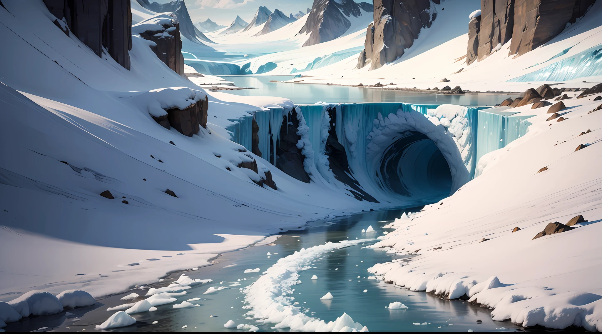 drawing inspiration from the world of anime and the aesthetics of modern cinema. Paint a vivid picture of an awe-inspiring background set against the backdrop of a glacier. Picture the glacier as a testament to nature's raw beauty, adorned with exposed rocks that add an element of ruggedness. At the heart of this majestic scenery, imagine a narrow stream, barely two feet wide, gracefully flowing out of a massive prominent foreboding ice cave. Snowbanks gracefully flank the stream on both sides, while a prominent snowbank in the foreground adds depth to the composition. Employ lighting techniques that accentuate the texture and details of the rocks, casting intriguing shadows that enhance the overall atmosphere. Infuse the color palette with a sense of coolness and tranquility, inspired by the pristine arctic environment. Optimize the camera settings to capture the breadth and grandeur of the glacier, utilizing a wide-angle lens and positioning the camera to showcase the delicate stream as it emerges from the cave and into the vastness of the icy landscape.