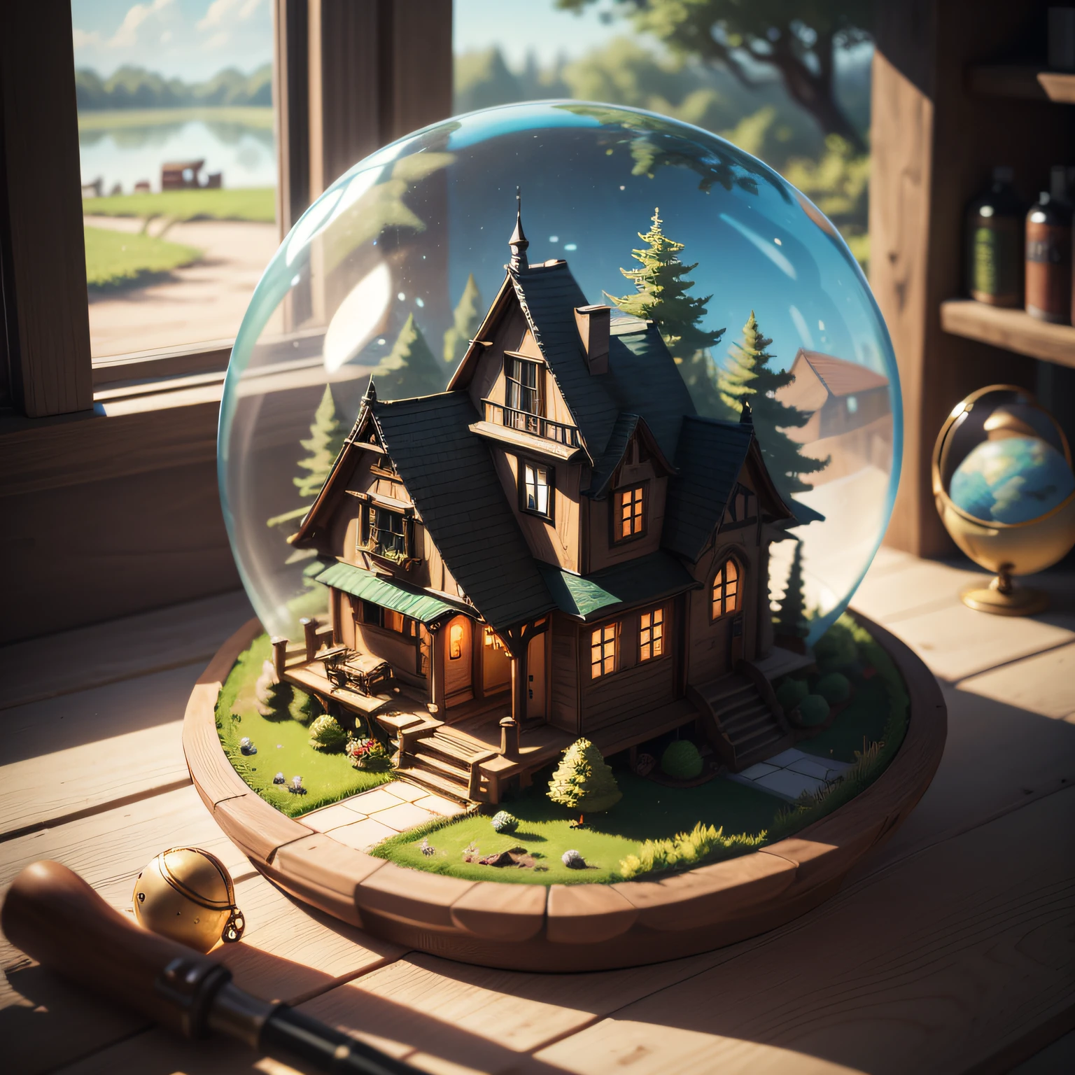 a small, summer globe with a house inside, summer, trees, and a pond