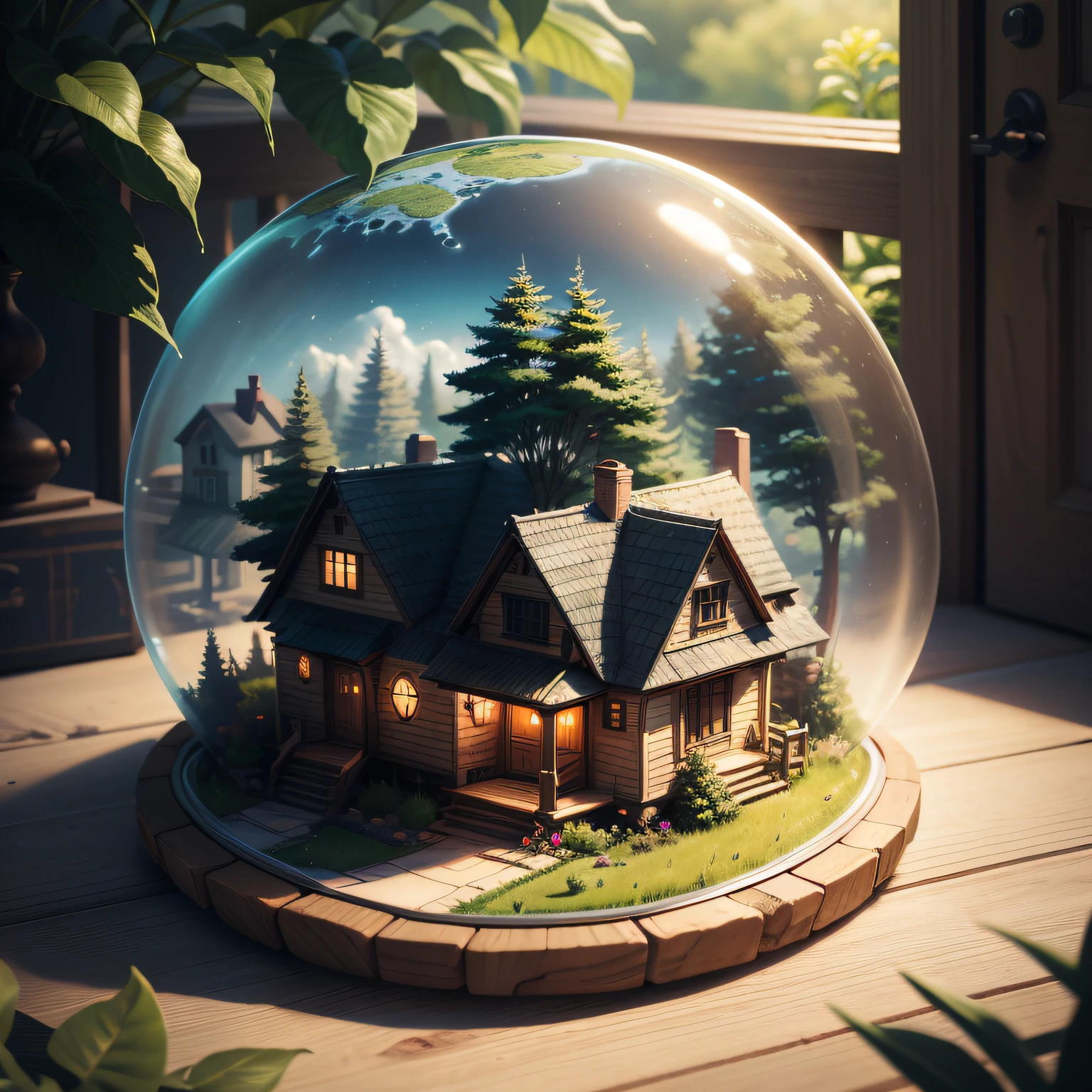 a small, summer globe with a house inside, summer, trees, and a pond
