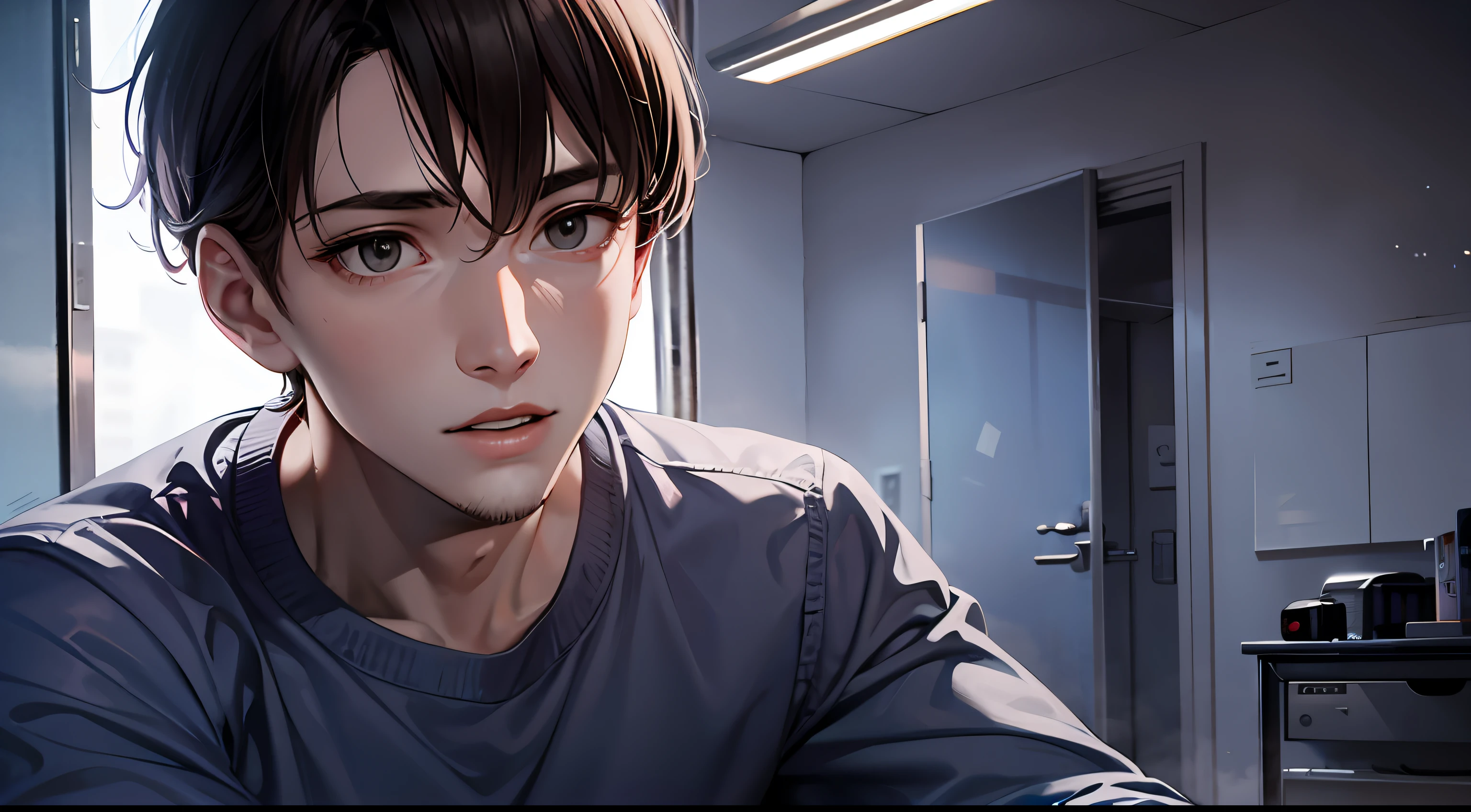 In a dimly lit hospital room, a young man slowly opened his eyes, his heart full of fear of the unknown.