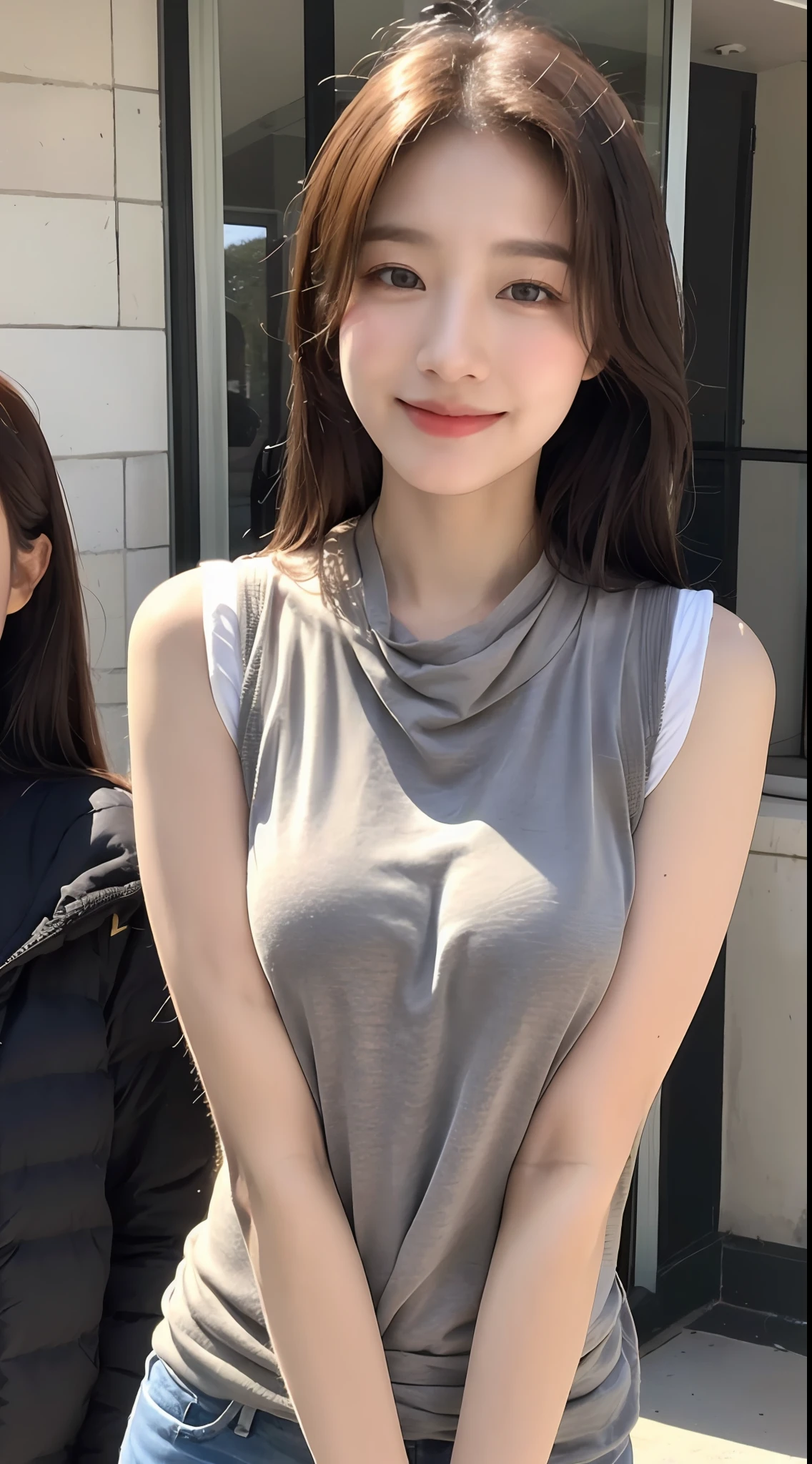 (1 Korean girl with royal sister style), ((best quality, 8k, masterpiece: 1.3)), (front photo), perfect body beauty: 1.4, (hips, extremely beautiful legs: 1.2), (smile), (Street: 1.3), highly detailed face and skin texture, delicate eyes, double eyelids, whitening skin, (shawl hair: 1.3), (round face: 1.5), (vest strap: 1.4),