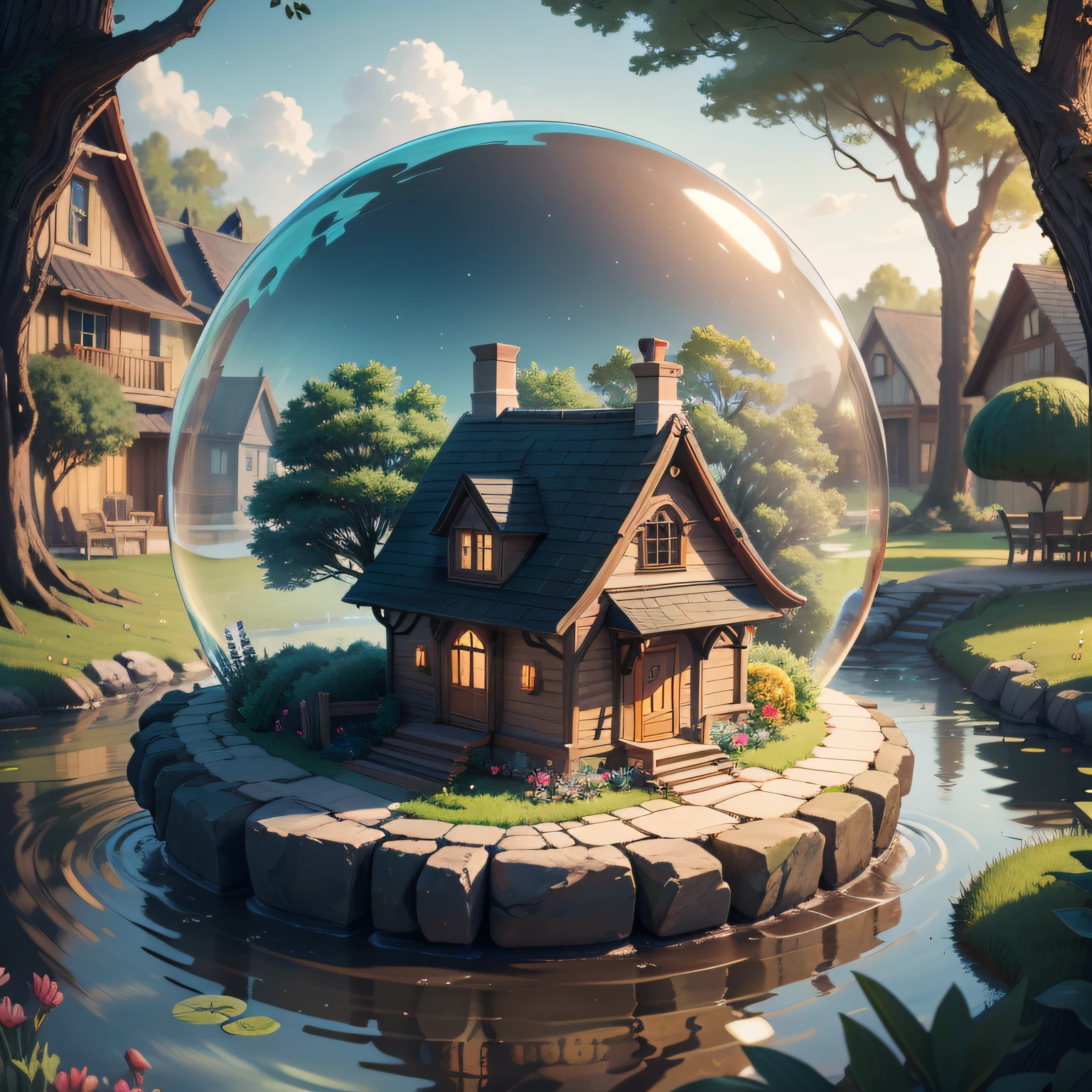 a small, summer globe with a house inside, summer, trees, and a pond