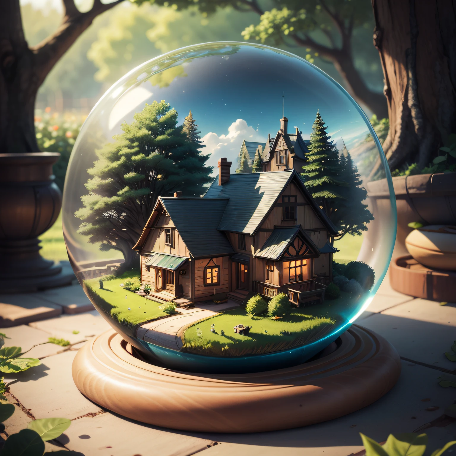 a small, summer globe with a house inside, summer, trees, and a pond