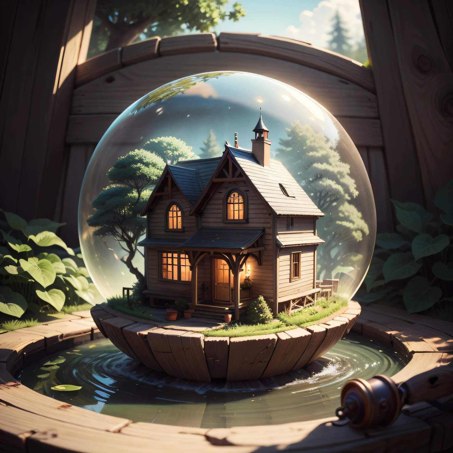 a small, summer globe with a house inside, summer, trees, and a pond