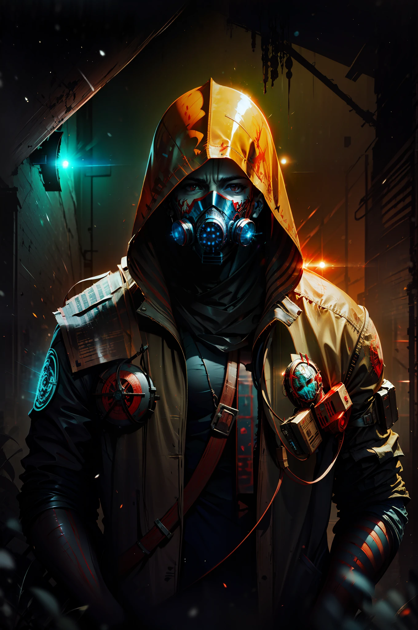 Man with red light and mask in the face of the lord destiny with respirator variations