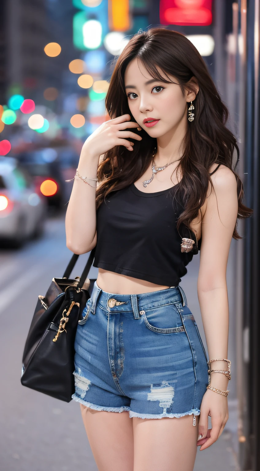 (Model Shoot Style), Girl ((T-shrt, Jeans Hot Pants)), (Shy), 1girl, Solo, Full body, Brown and curly and messy hair, Highly detailed face, Beautiful eyes, [Chubby], Adorable, Rosy cheeks and bright sad eyes, stunningly beautiful, (Rembrandt lighting), Zeiss lenses, Ultra Realistic, (High Detail Skin: 1.2), 8k UHD, DSLR, Dramatic Rim Light, High Quality, Fujifilm XT3, New York, Broadway Street (Night View), Necklace, Bracelet