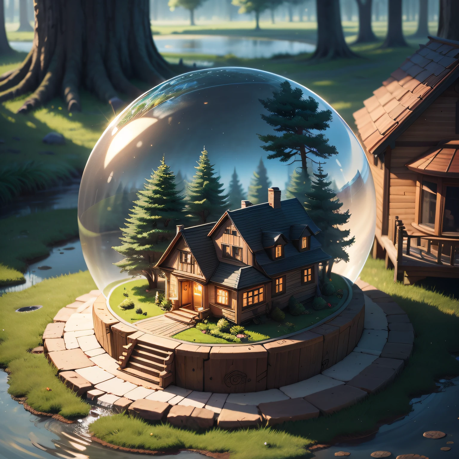 a small, summer globe with a house inside, summer, trees, and a pond
