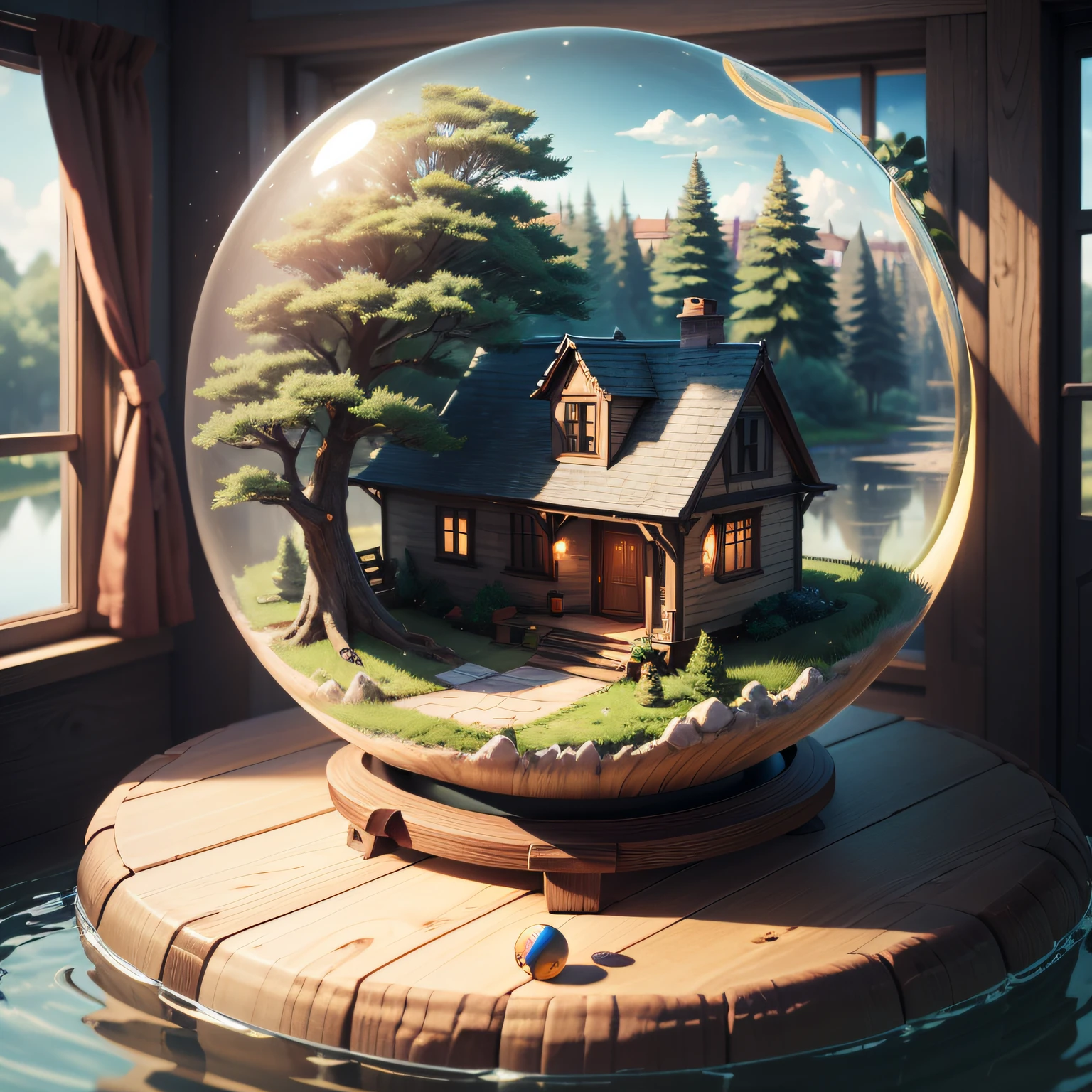 a small, summer globe with a house inside, summer, trees, and a pond