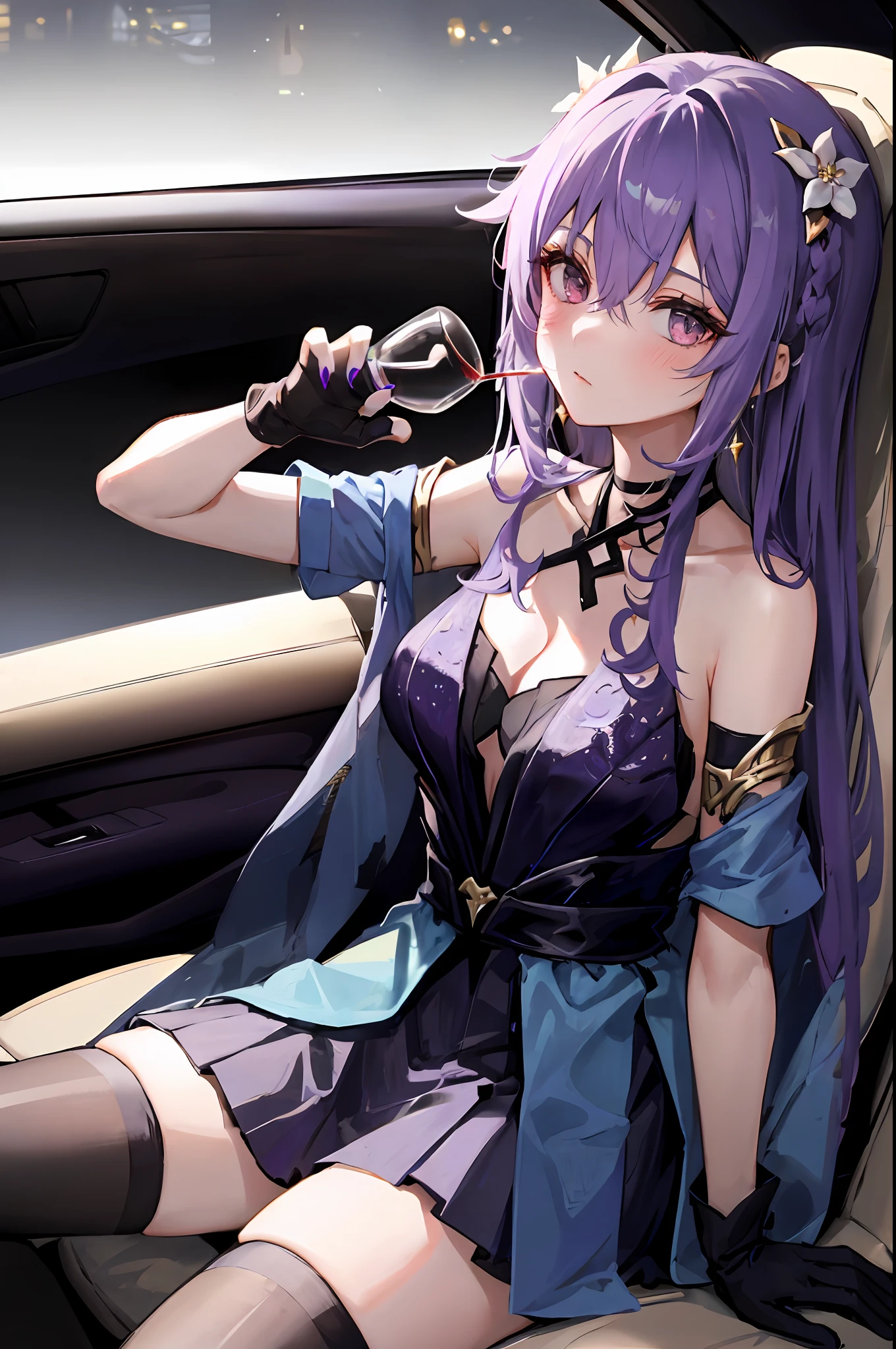 Keqing , genshin impact, 1girl, alcohol, alternate costume, armlet, bare shoulders, black background, black dress, black gloves, black thighhighs, hair ornament, , cleavag-cross halter, cup, dress, black pleated skirt, drinking glass, flower, gloves, car seat, inside car, sitting in car, hair between eyes, halterneck, holding, holding cup, jewelry, medium breasts, long hoking at viewer, necklace, purple hair, purple short nails, purple eyes, see-through gloves, solo, thighhighs, thighs, very long hair, wine, wine glass, ((masterpiece)), blush, sexy pose, messy hair,