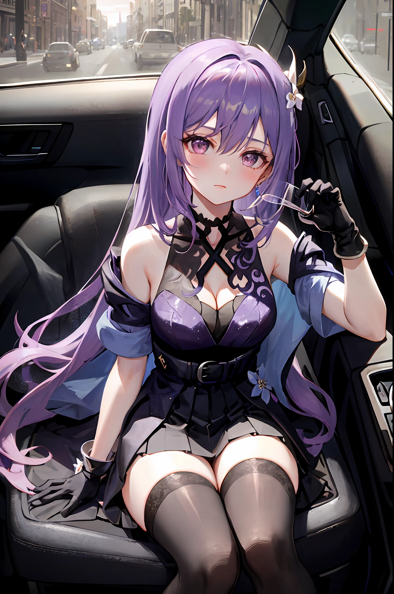 Keqing , genshin impact, 1girl, alcohol, alternate costume, armlet, bare shoulders, black background, black dress, black gloves, black thighhighs, hair ornament, breasts, cleavage, criss-cross halter, cup, dress, black pleated skirt, drinking glass, flower, gloves, car seat, inside car, sitting in car, hair between eyes, halterneck, holding, holding cup, jewelry, medium breasts, long hair, looking at viewer, necklace, purple hair, purple short nails, purple eyes, see-through gloves, solo, thighhighs, thighs, very long hair, wine, wine glass, ((masterpiece)), blush, sexy pose, messy hair,