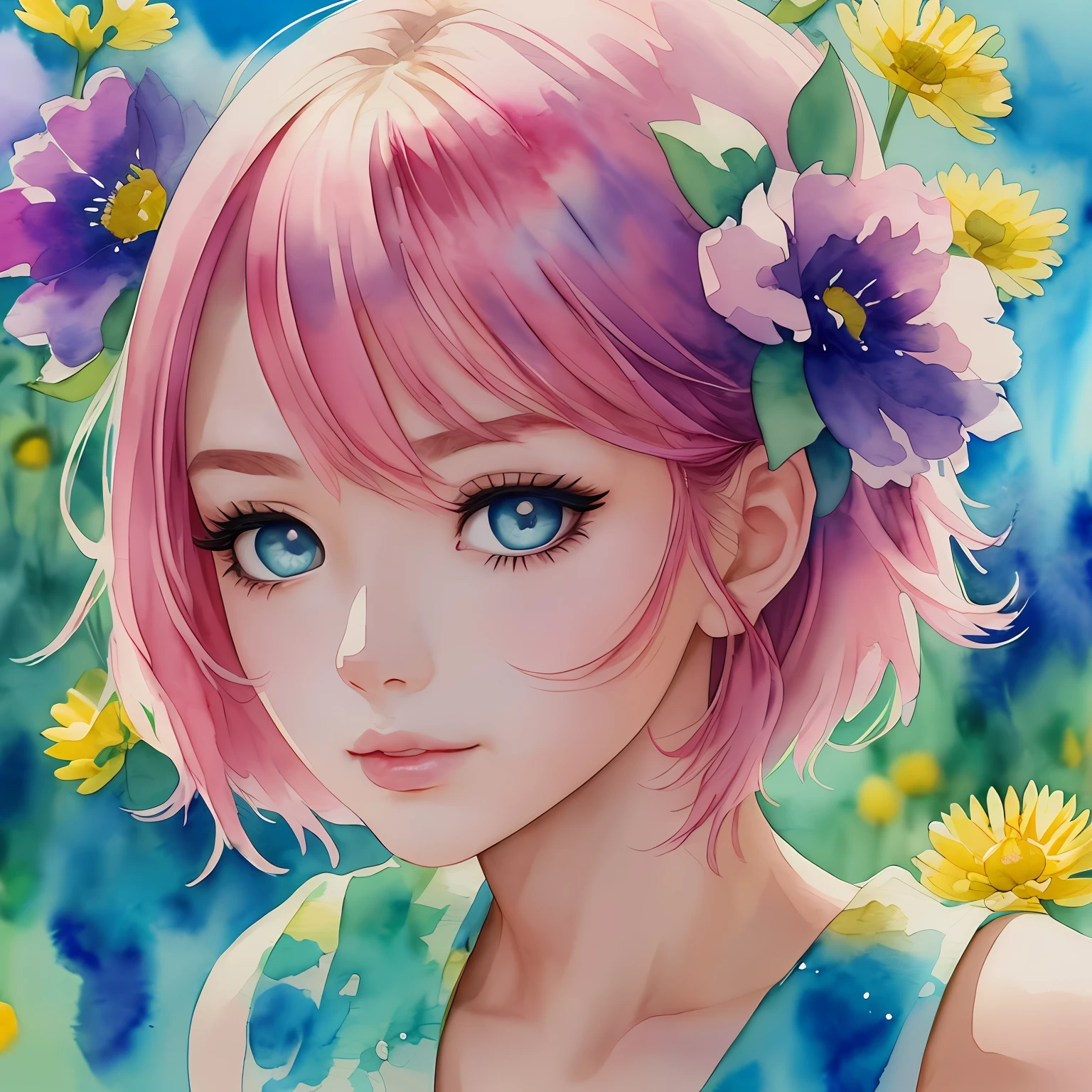 (Best Quality), (Masterpiece: 1.2), (Colorful: 0.9), (Ink Splash), (Color Splash), (Watercolor)), Sharp Focus, (Portrait Summer Goddess: 1.5), Cute Look, Elegant Pink Haircut, Beautiful and Detailed Face and Eyes, Elegant Clothes, Rape Field Background, Colored Water