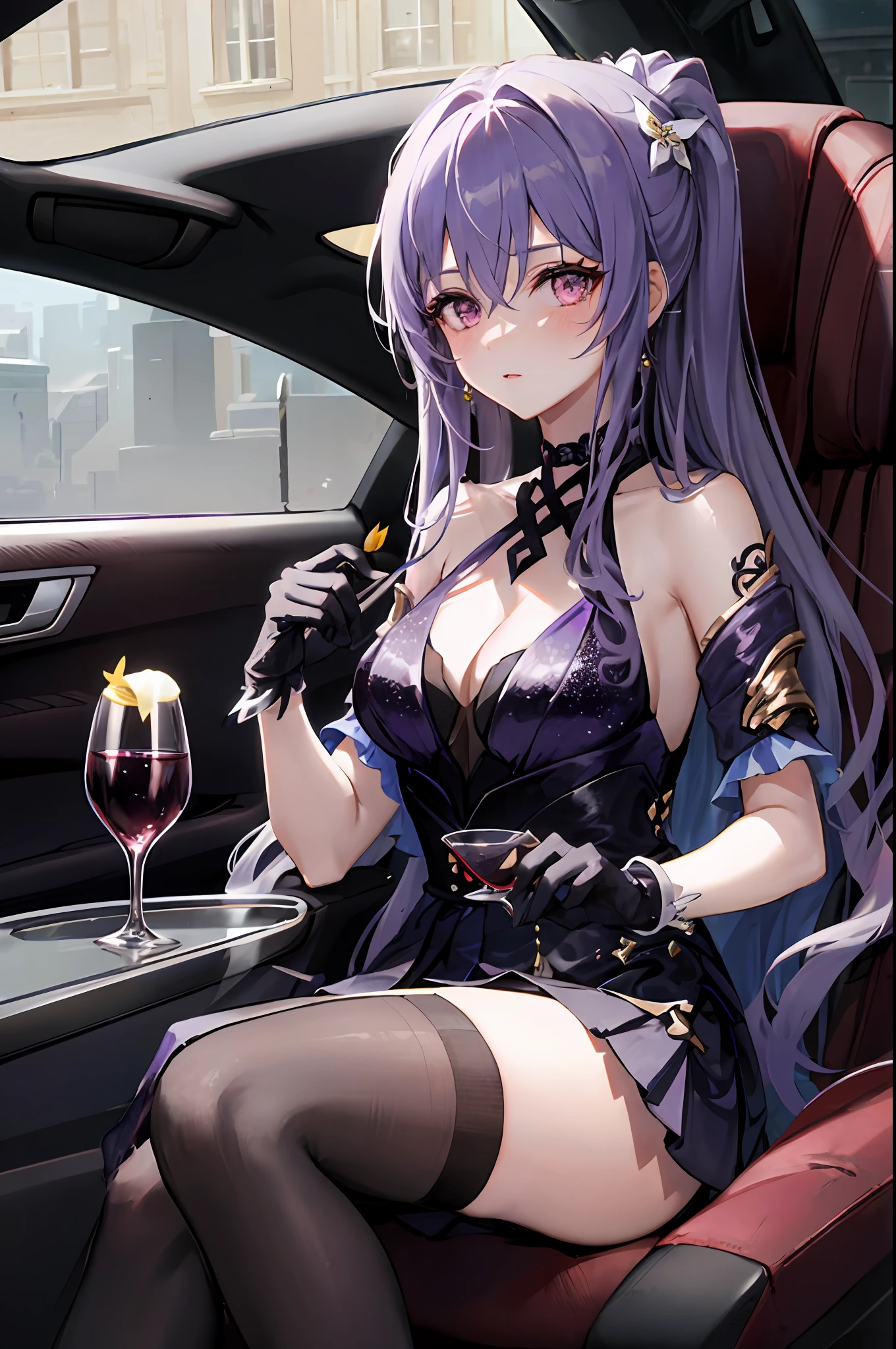Keqing , genshin impact, 1girl, alcohol, alternate costume, armlet, bare shoulders, black background, black dress, black gloves, black thighhighs, hair ornament, breasts, cleavage, criss-cross halter, cup, dress, black pleated skirt, drinking glass, flower, gloves, car seat, inside car, sitting in car, hair between eyes, halterneck, holding, holding cup, jewelry, medium breasts, long hair, looking at viewer, necklace, purple hair, purple short nails, purple eyes, see-through gloves, solo, thighhighs, thighs, very long hair, wine, wine glass, ((masterpiece)), blush, sexy pose, messy hair,