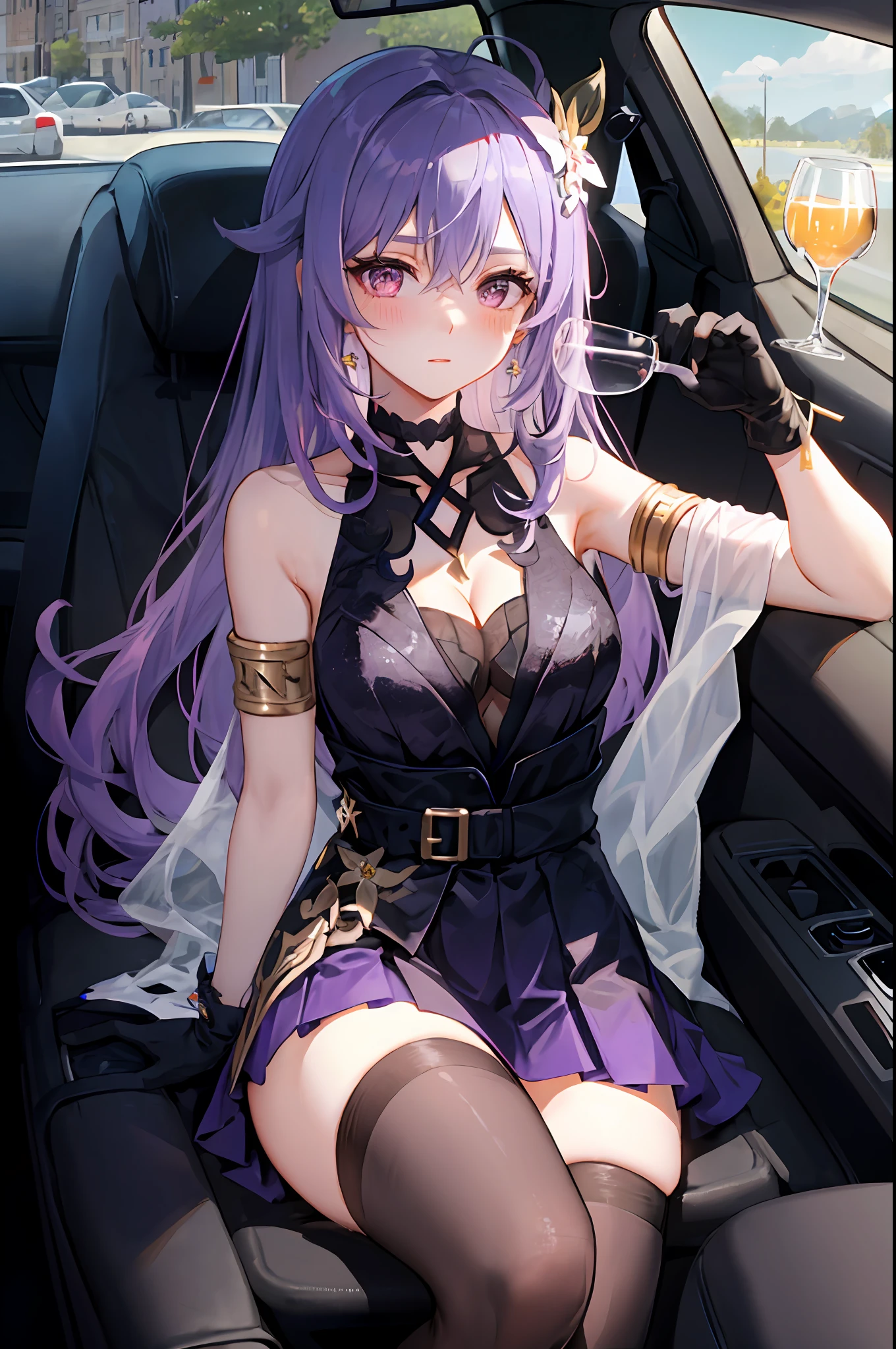 Keqing , genshin impact, 1girl, alcohol, alternate costume, armlet, bare shoulders, black background, black dress, black gloves, black thighhighs, hair ornament, breasts, cleavage, criss-cross halter, cup, dress, black pleated skirt, drinking glass, flower, gloves, car seat, inside car, sitting in car, hair between eyes, halterneck, holding, holding cup, jewelry, medium breasts, long hair, looking at viewer, necklace, purple hair, purple short nails, purple eyes, see-through gloves, solo, thighhighs, thighs, very long hair, wine, wine glass, ((masterpiece)), blush, sexy pose, messy hair,