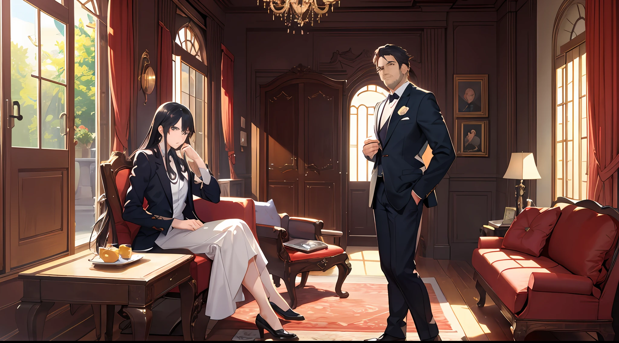A handsome middle-aged man with short hair, a middle-aged man in a suit, and a beautiful middle-aged woman with long black hair, in a villa, sitting on the sofa in the distance of the living room, the perspective looks into the villa from the door of the villa, very luxurious decorations, vistas, exquisite facial features, clear facial expressions, detailed digital animation art, digital animation art, high-quality anime art style, handsome anime poses, smooth anime CG art