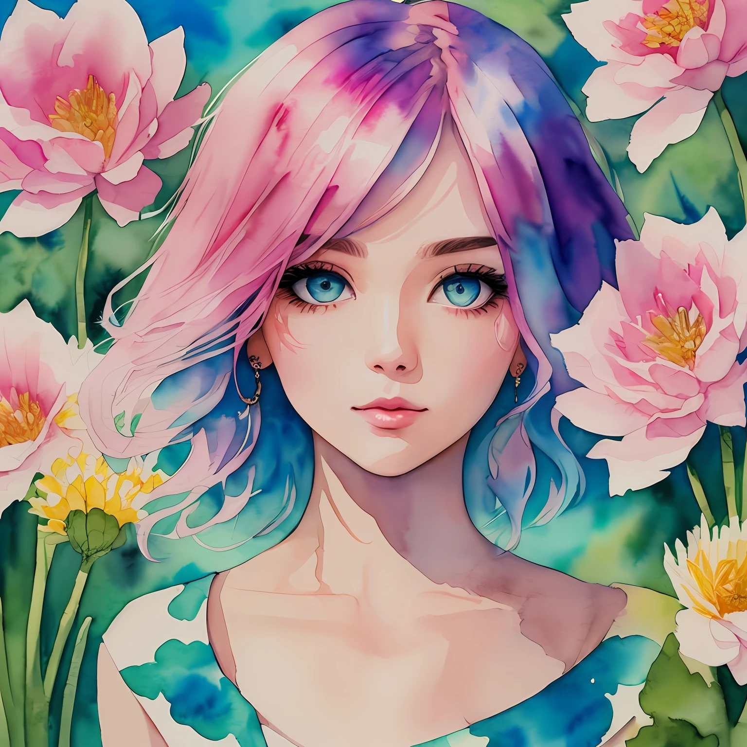 (Best Quality), (Masterpiece: 1.2), (Colorful: 0.9), (Ink Splash), (Color Splash), (Watercolor)), Sharp Focus, (Portrait Summer Goddess: 1.5), Cute Look, Elegant Pink Haircut, Beautiful and Detailed Face and Eyes, Elegant Clothes, ???? Field Background, Colored Water
