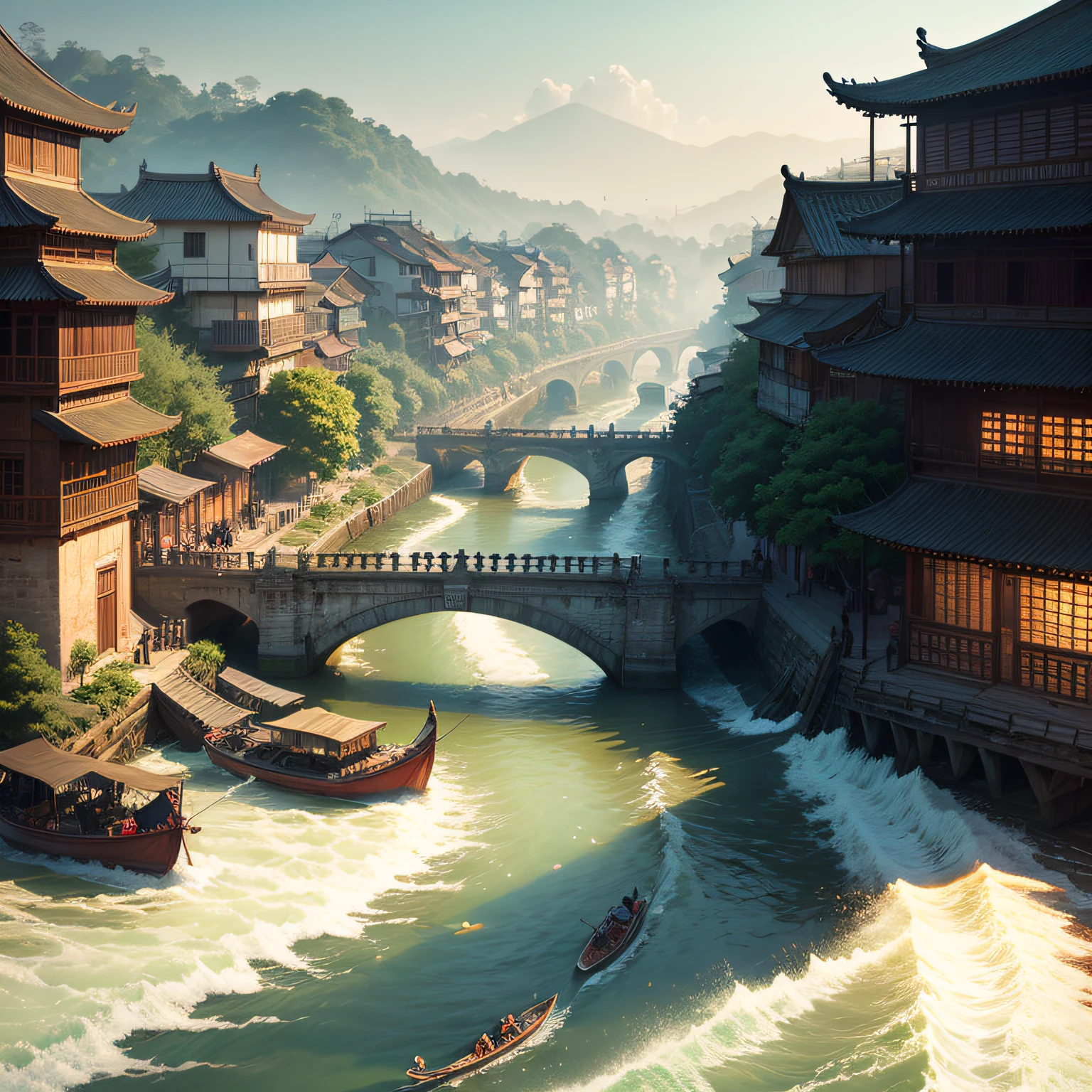 Qingming upper river map, horizontal layout, high resolution, best quality, super detail, dynamic angle, floating, bustling cityscape, intricate details, historical buildings, flowing river, bright colors, volumetric lighting, crowded boats and bridges, rich cultural background. --auto