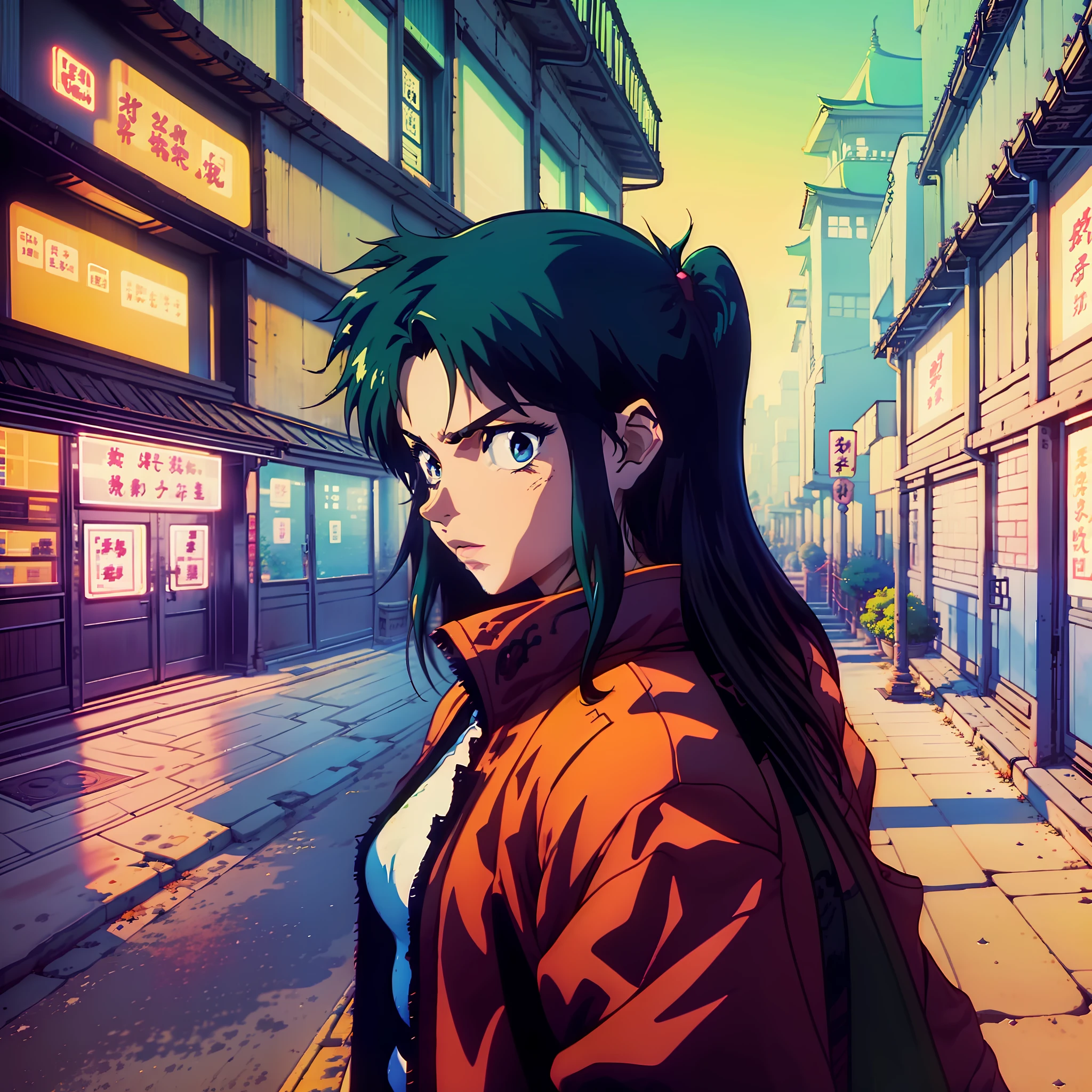 A tough-looking anime girl in a red jacket visiting a Shinto temple, 3 0 4 0 x 1 4 4 0 pixel art, 3 0 4 0 x 1 4 4 0, 32-bit pixel art, pixelated art, colorful detailed pixel art, carefully detailed anime pixel art, originally detailed anime pixel art,  Detailed neon pixel art, pc-98 pixelart, cyberpunk neon anime style pixel art, 1 6 6-bit colors