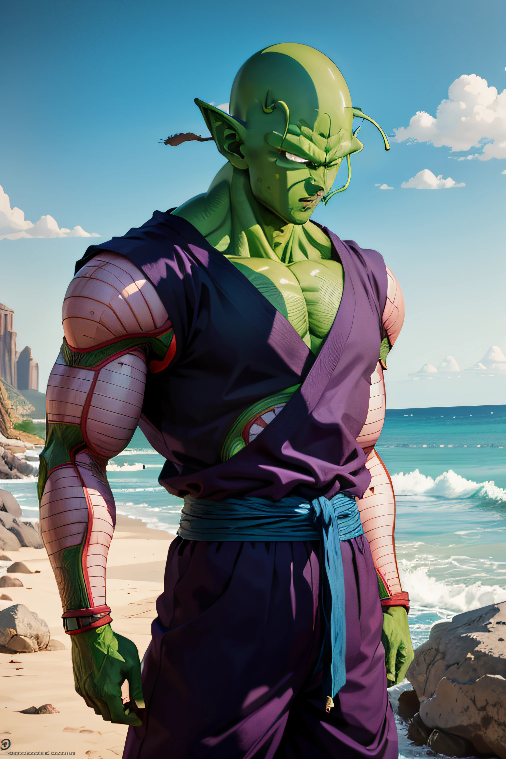 masterpiece, best quality, realistic, photorealistic, 8k,piccolo, 1boy, male focus, solo, standing, pointy ears,(purple dougi), green skin, oni horns, purple pants, closed mouth, looking at viewer, ((bald)),arms at sides,pink patches,black eyes, blue sash, rocks, grassfield