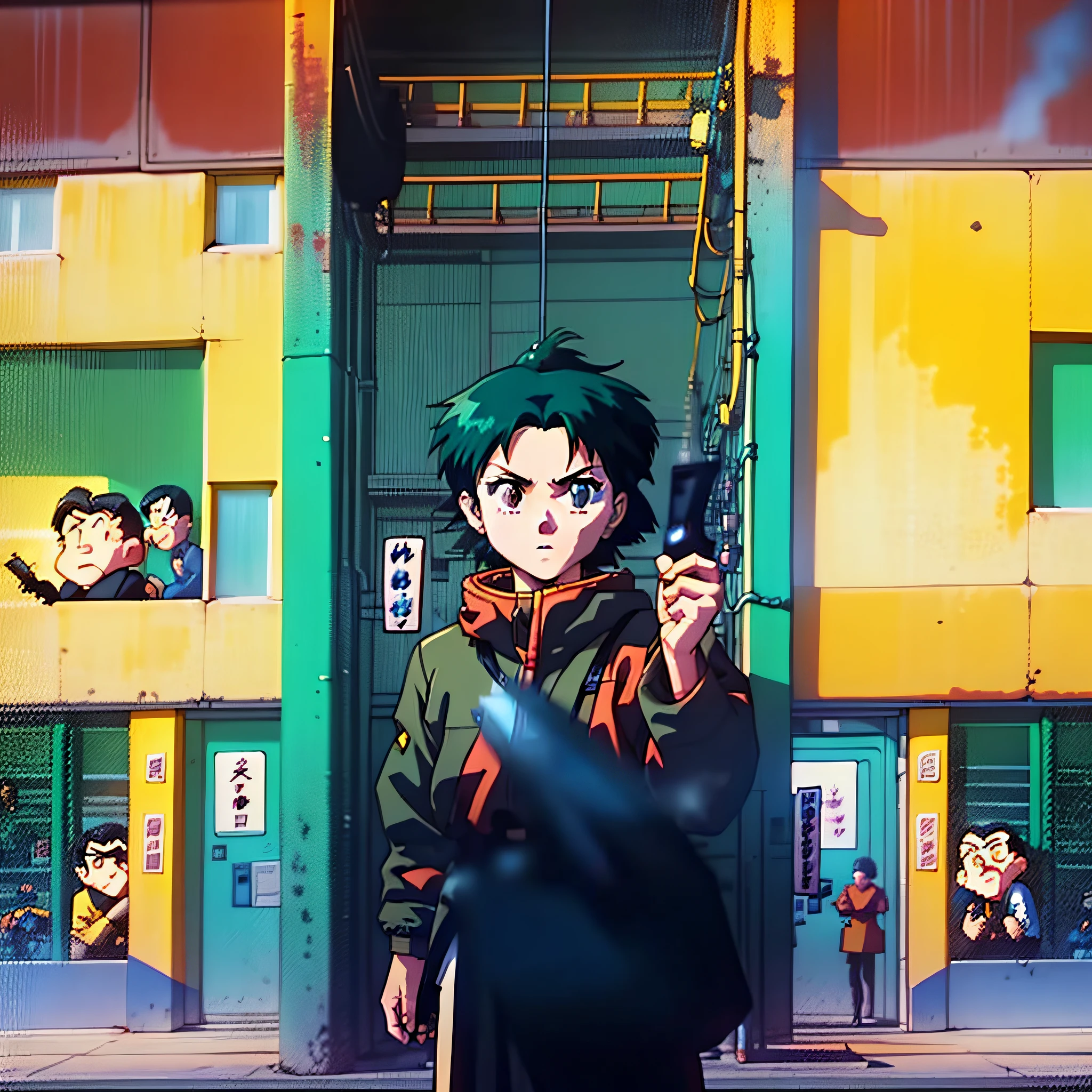 A tough-looking anime girl in a red jacket visiting a Shinto temple, 3 0 4 0 x 1 4 4 0 pixel art, 3 0 4 0 x 1 4 4 0, 32-bit pixel art, pixelated art, colorful detailed pixel art, carefully detailed anime pixel art, originally detailed anime pixel art,  Detailed neon pixel art, pc-98 pixelart, cyberpunk neon anime style pixel art, 1 6 6-bit colors