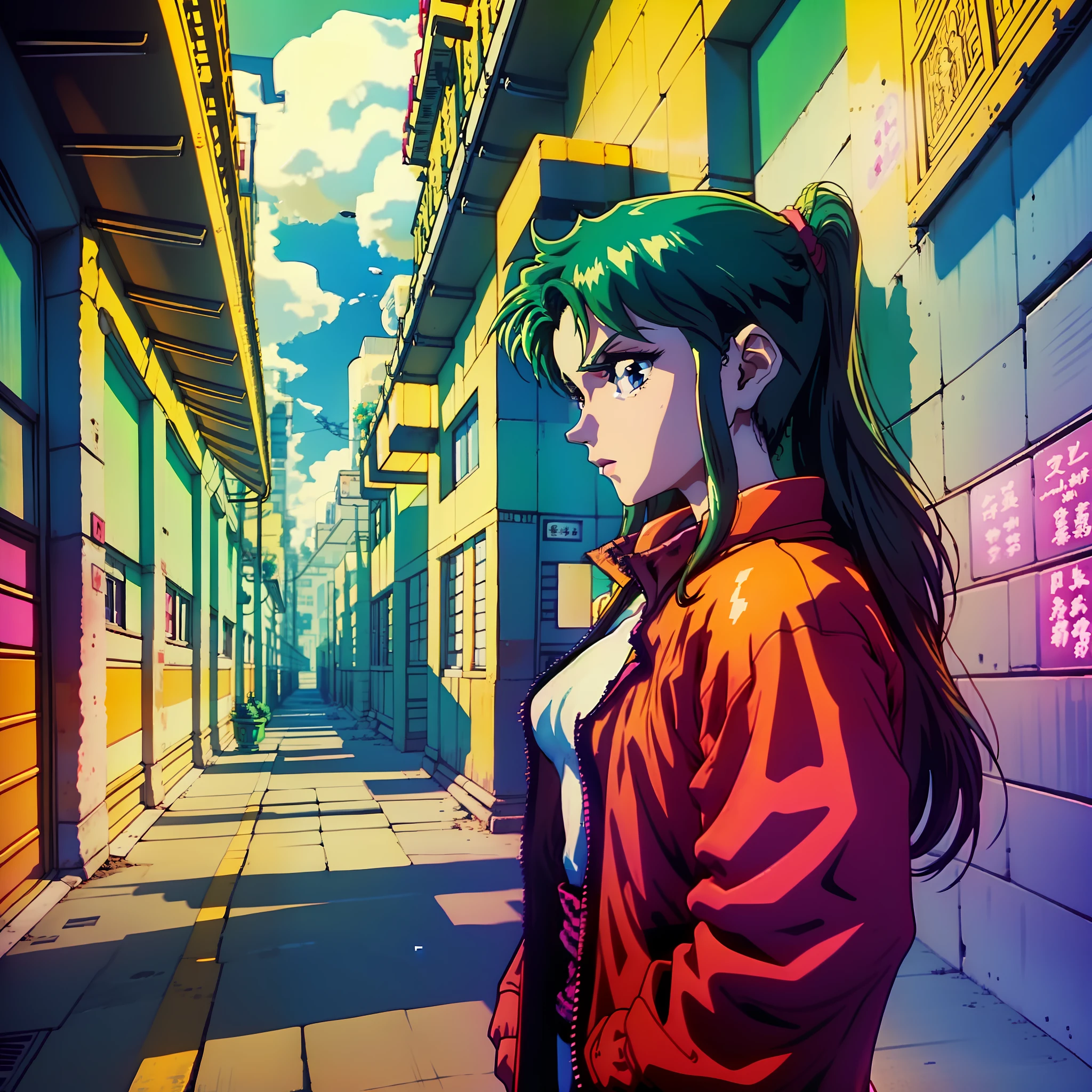 A tough-looking anime girl in a red jacket visiting a Shinto temple, 3 0 4 0 x 1 4 4 0 pixel art, 3 0 4 0 x 1 4 4 0, 32-bit pixel art, pixelated art, colorful detailed pixel art, carefully detailed anime pixel art, originally detailed anime pixel art,  Detailed neon pixel art, pc-98 pixelart, cyberpunk neon anime style pixel art, 1 6 6-bit colors