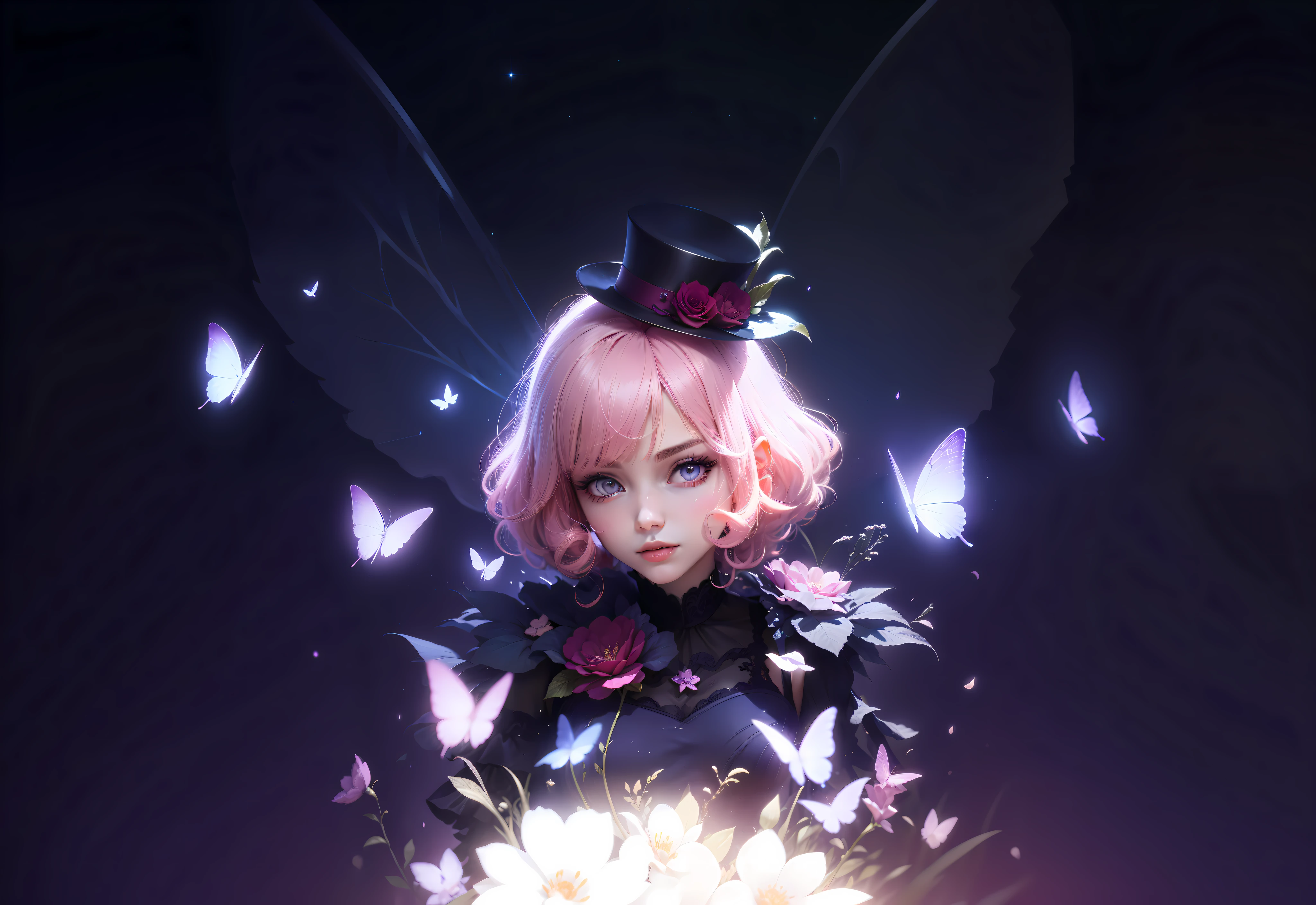 High-quality and exquisite depiction, 4K picture quality masterpiece, gorgeous light and shadow creation, diffuse aura and haze, messy hairstyle display, gorgeous scenes are beautiful, exquisite and elegant clothing, pink hair jumps out of dream, charming and detailed pupils, dynamic angle, exciting pink hair, the whole body is meticulous and charming, Lolita off-the-shoulder dress beautiful clothes, flowers red decoration, black top hat embellishment, flower decoration charming onyx stone, pink pupils pleasant, fairy-like ears, like transparent four-winged butterfly wings, The background is blurry with purple moon sky, stars illuminating the night, pink eyes --auto