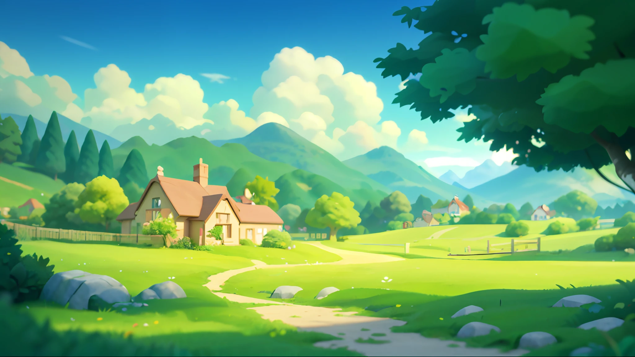 (Miniature Cityscape), (Isometric:1), Cartoon Style, (Sandbox Game Style), (White Background), (Superb Detail), Clear Sky, Outdoor, Landscape, Clouds, Sky, Road, Grass, Grass, 3D, 8k, HDR, HD, Film Grain. Blue sky, white clouds, small trees, mailbox, stairs, clean background