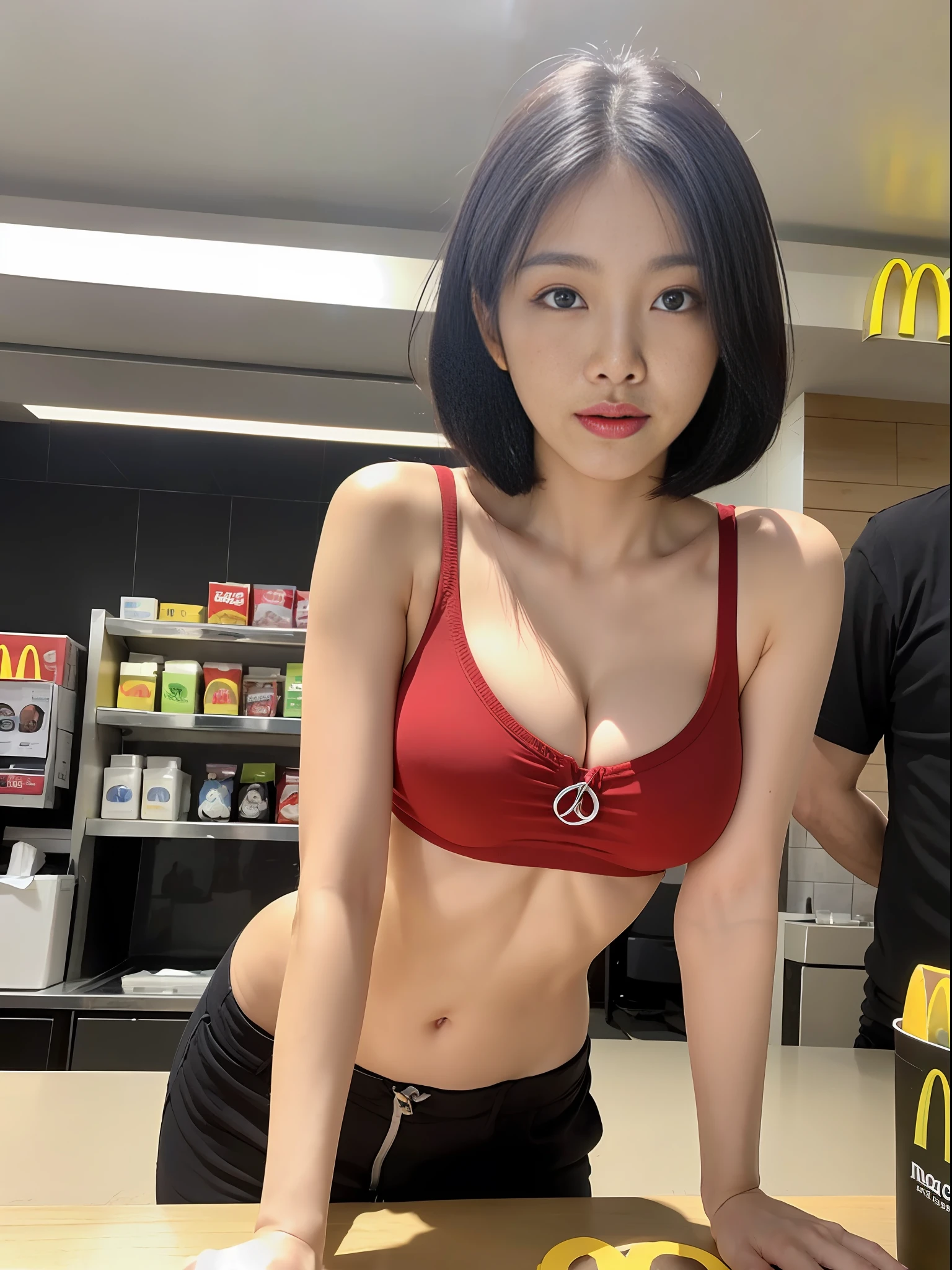Best Quality, Live Action, RAW Photos, Super Detail, 1 Woman, Married Woman, Beautiful Body, Big, Glamour,  Pose, Beautiful Woman, Short Hair, McDonald's Clerk,
