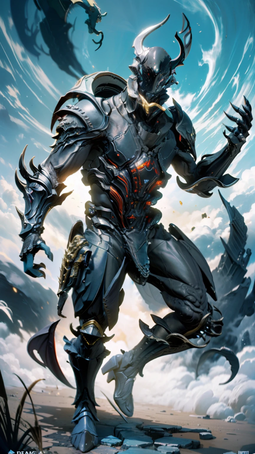 solo, super fine photo, full body picture Unreal Engine 5 8K UHD, male, big, muscle, black color scheme armor, dark slate blue color details, blue tattoo details, octopus beard helmet, bald helmet, big right arm with claws fingers, majestic design, best quality, masterpiece, official art, unified 8k wallpaper, high detailed, sharp focus, flying pose, body parts, concept character art