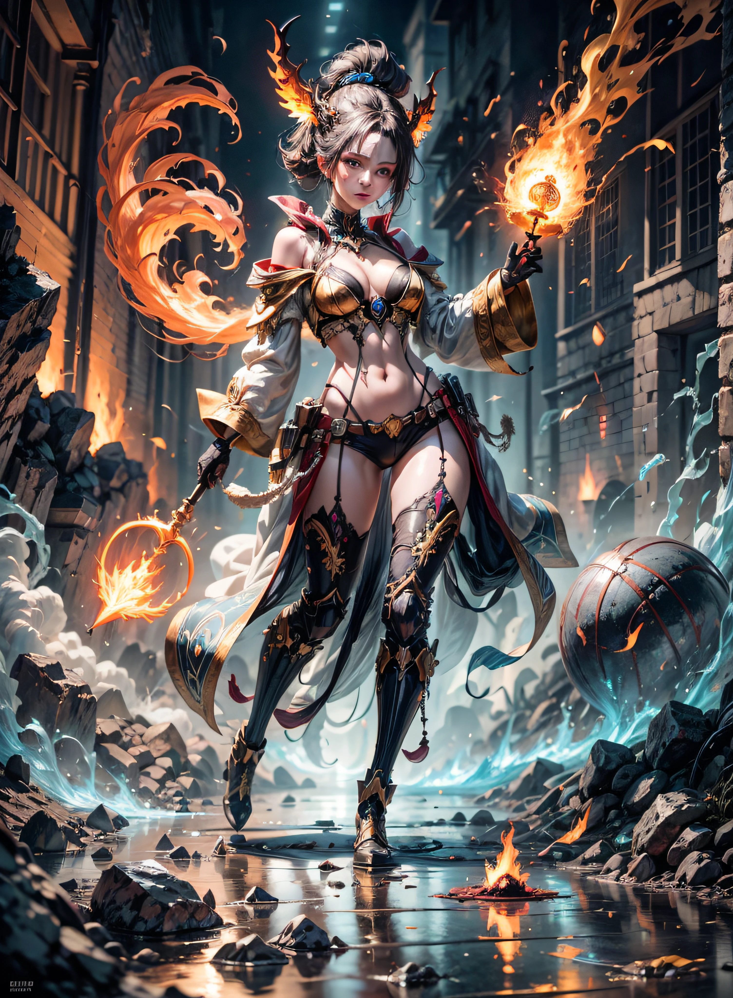 a beautiful demonic sorceress casting a fire spell,((holding a long golden majic staff)), full body, several burning currents around her,(((detailed perfect face))), light smile, beautiful face, seductive body, tall body, mature body, full body, burning aura BREAK, fireballs, dazzling orange and yellow spark around, little blue phoenix flying in the background, lava on the floor, magma, sexy body BREAK, detailed, realistic, 8k highly detailed digital art, octane rendering, bioluminescent, BREAK 8K concept art resolution, realism, by studios Mappa, masterpiece, best quality, official art, illustration, ligne claire, (cool_color), perfect composition, absurdists, fantasy, focused, rule of thirds,