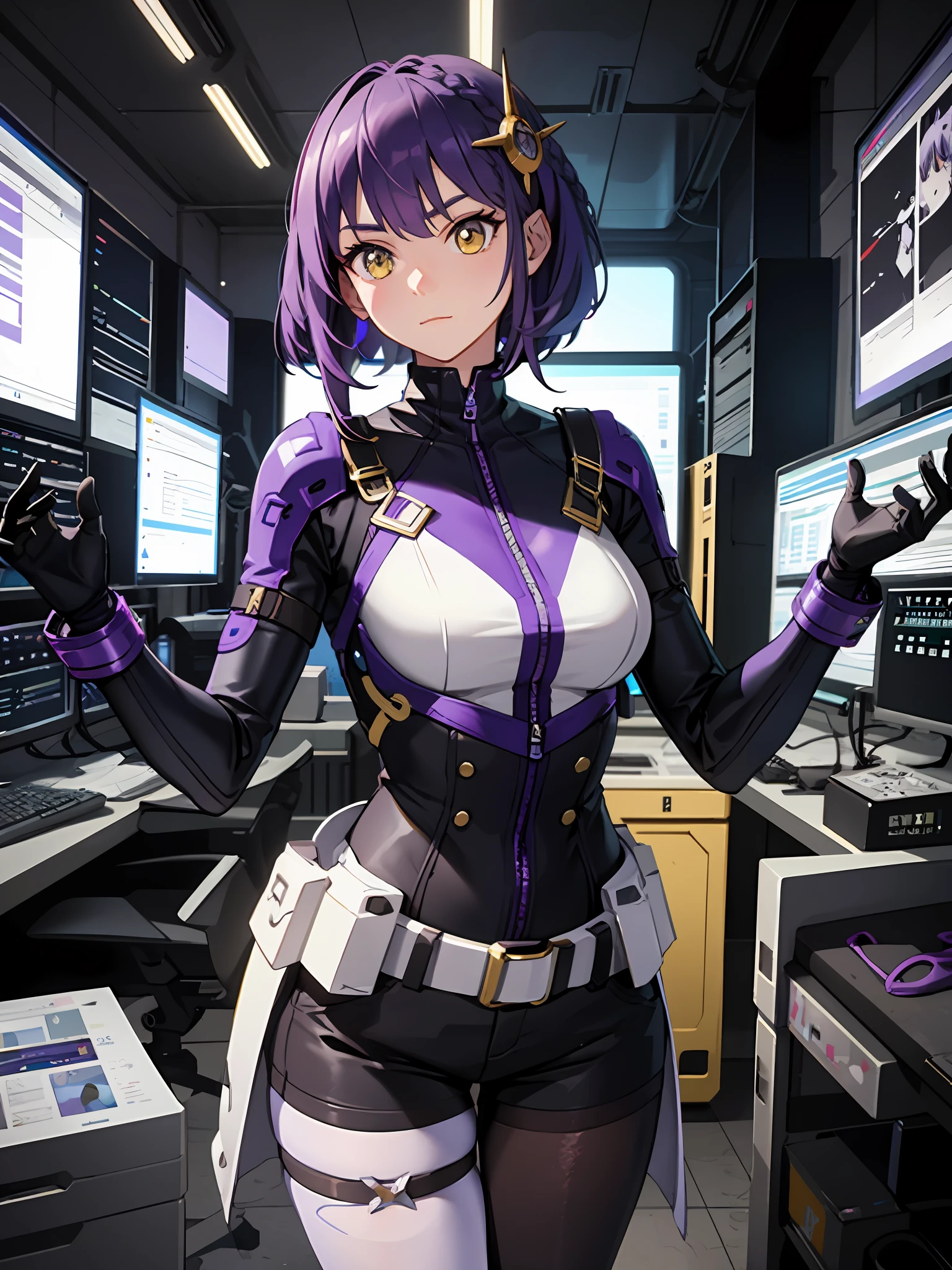 complex anime 3d render ultra detailed, (((masterpiece))), (((best quality))), ((ultra-detailed)),(3D Cartoon rendering),(from side),cinematic light,((single mechanical girl,alone)),({best quality}),(Ultra Fine),(full detail),delicate youthful face,well_developed curves,hourglass_figure,perspective,beautiful_face,high_quality_outfits,futuristic_outfits,silght_blush,full_body,full detail face,protective outfits,Honkai_Star_Rail,anatomical,Ray Tracing,Isomeric_view,;

(purple hair:1.5),indigo hair tips,two strand of deep violet hair framing face,violet ahoge, (waist-length flowy hair sorted into two parts on back),(one sharp triangle-shaped white mechanic head ornament at left side);(vivid yellow eyes:1.8,cross pupil),yellow goggle eyeglasses,golden hexagon necklace

Futuristic dress outfit,mechanic gadgets,elegant and modest outfits,black collar,black long slender sleeves,white short cape on back,black arm bracers,white bracelets,black gloves,white vest,white tanktop with violet lines,black mechanic corset with a pair of golden buttons,golden square badge on breast,violet zipper,violet traces, violet gadget holster attached to waists,white waist pack,violet waistband,(white scifi armor skirts,knee-length asymmeric segmented hems),(black streamline plain tassets),violet knee-length dress,black shorts,(black and violet pantyhose),golden mechanic gartener belt around left leg,silver waistband with gadget holsters,knee bracers;silver mechanic boots,heeled boots;

calm expression,brooding,stretching hands,standing,looking forwards

Night,Alone in white scifi command room with toolstands,standing in a spaceship,beside a workbench,starry sky visble through window in background, (starry sky:1.2),dreamy, [[delicate fingers and hands:0.55]:0.85],(detailed fingers)
