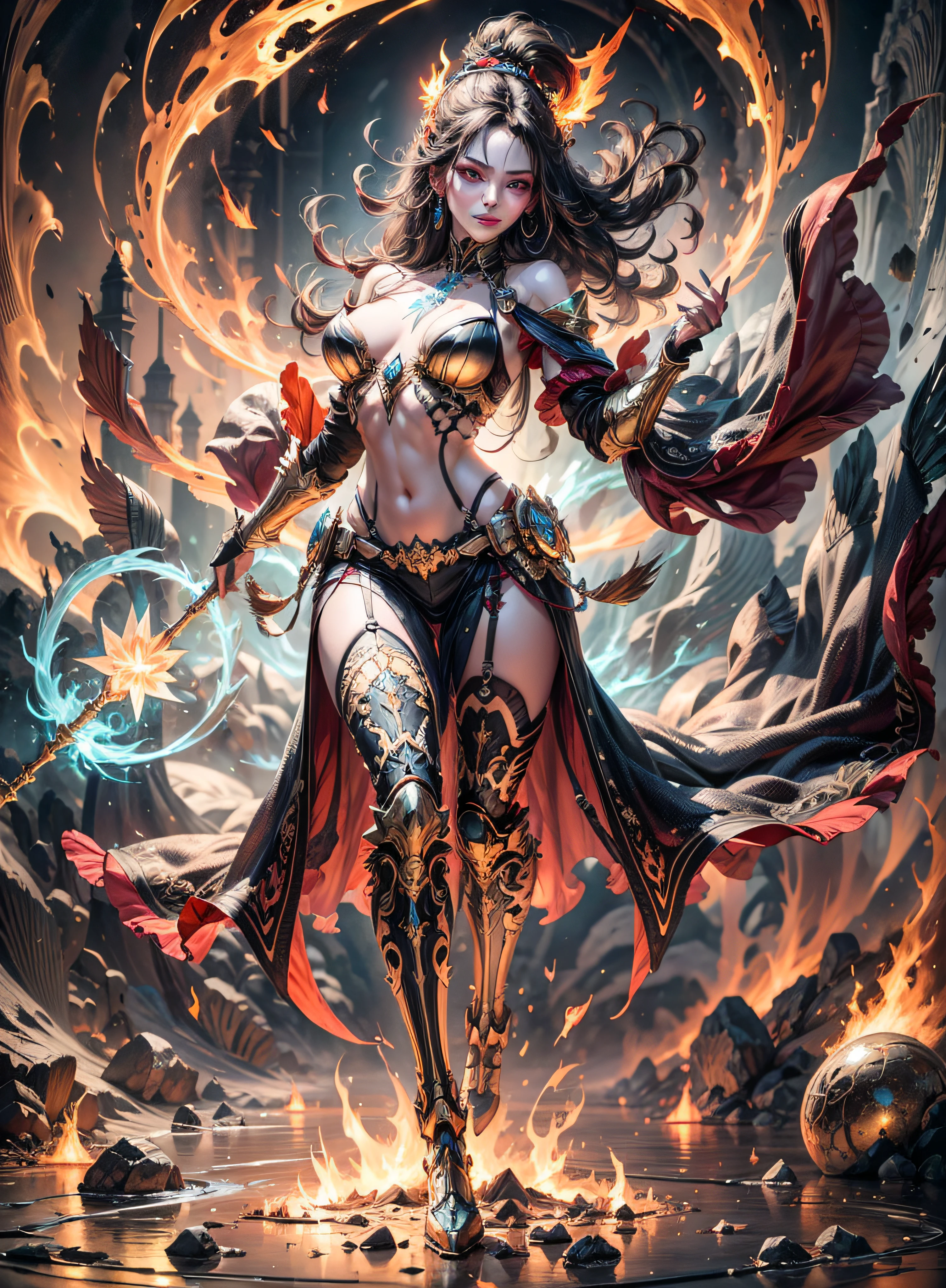 a beautiful demonic sorceress casting a fire spell,((holding a long golden majic staff)), full body, several burning currents around her,(((detailed perfect face))), light smile, beautiful face, seductive body, tall body, mature body, full body, burning aura BREAK, fireballs, dazzling orange and yellow spark around, little blue phoenix flying in the background, lava on the floor, magma, sexy body BREAK, detailed, realistic, 8k highly detailed digital art, octane rendering, bioluminescent, BREAK 8K concept art resolution, realism, by studios Mappa, masterpiece, best quality, official art, illustration, ligne claire, (cool_color), perfect composition, absurdists, fantasy, focused, rule of thirds,