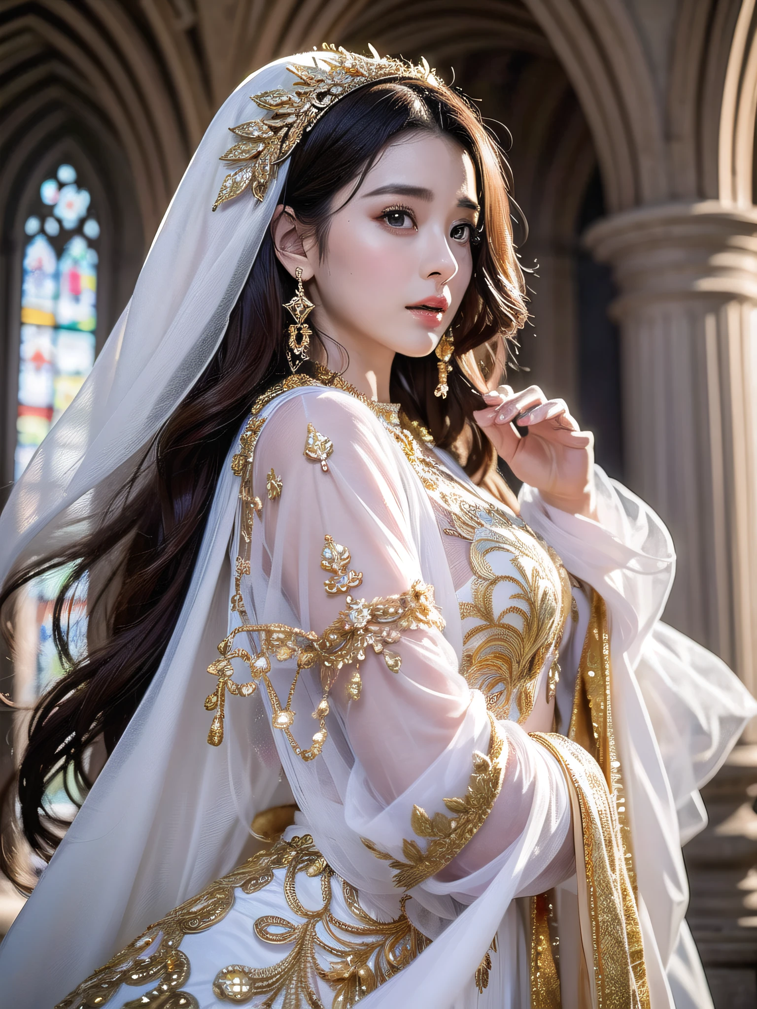 Top Quality, Ultra High Resolution, (Photorealistic: 1.4), Cinema Light, Depth of Field, Beautiful Face, (PureErosFace_V1:0.8), |1 Girl, Fan Bing, Woman in White Dress and Gold Jewelry, Fan Bing Fashion, Colossal, White Cloak, Intricate Design, Cathedral Background, Extra Long Wavy Brown Hair