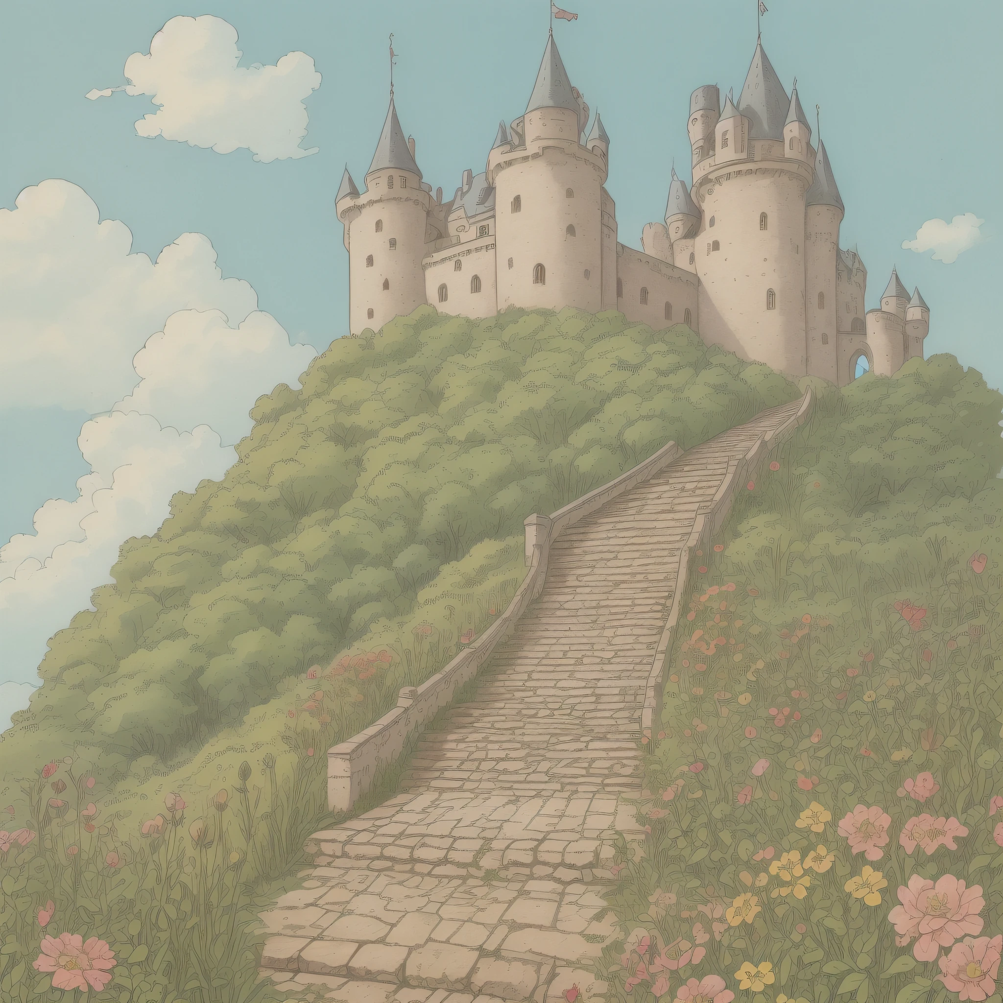 Children's picture book illustration, long staircase of castle, castle with flowers, wide angle lens, cute, color illustration, 18th century France
