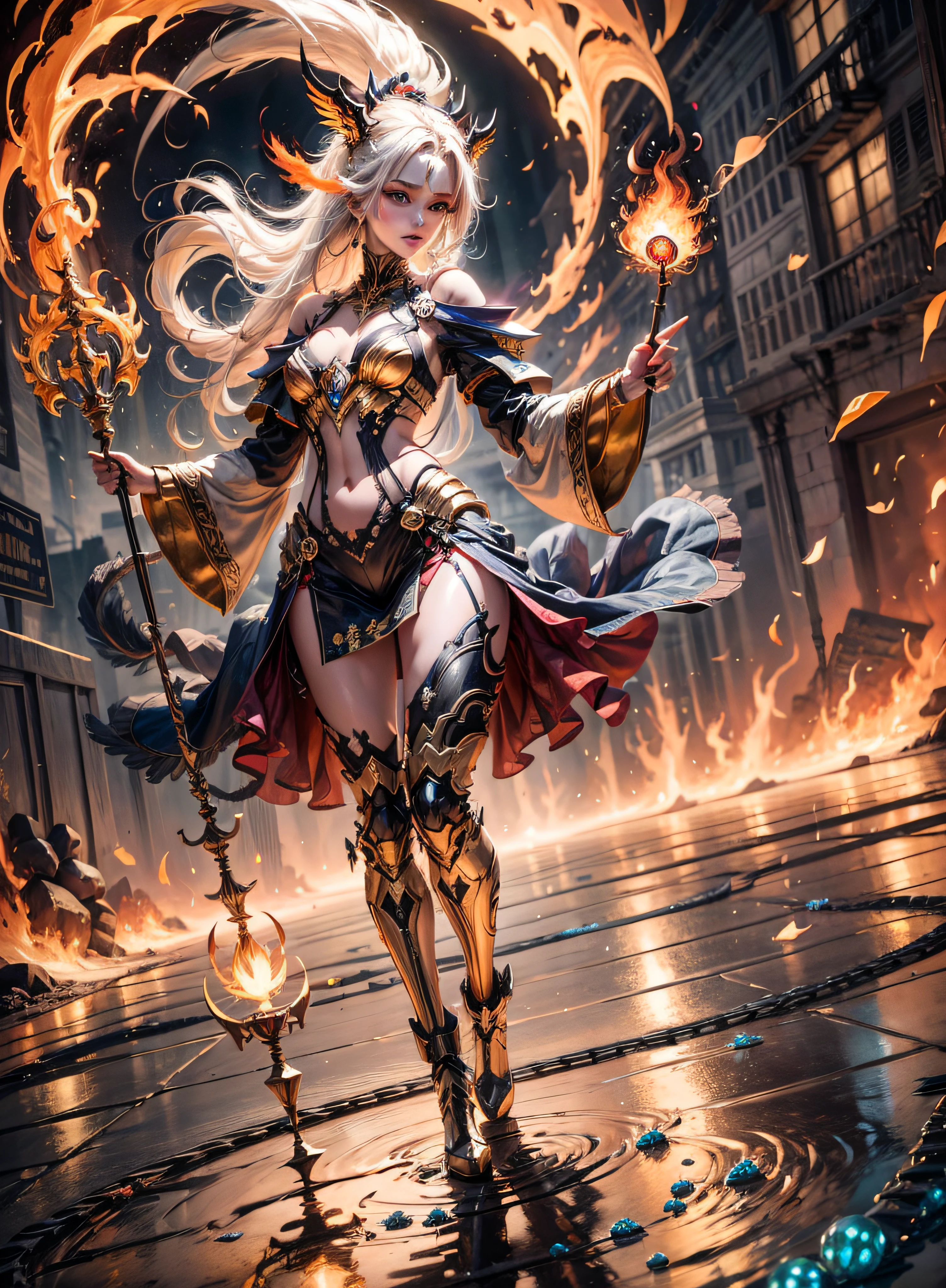a beautiful demonic sorceress casting a fire spell,((holding a long golden majic staff)), full body, several burning currents around her,(((detailed perfect face))), light smile, beautiful face, seductive body, tall body, mature body, full body, burning aura BREAK, fireballs, dazzling orange and yellow spark around, little blue phoenix flying in the background, lava on the floor, magma, sexy body BREAK, detailed, realistic, 8k highly detailed digital art, octane rendering, bioluminescent, BREAK 8K concept art resolution, realism, by studios Mappa, masterpiece, best quality, official art, illustration, ligne claire, (cool_color), perfect composition, absurdists, fantasy, focused, rule of thirds,