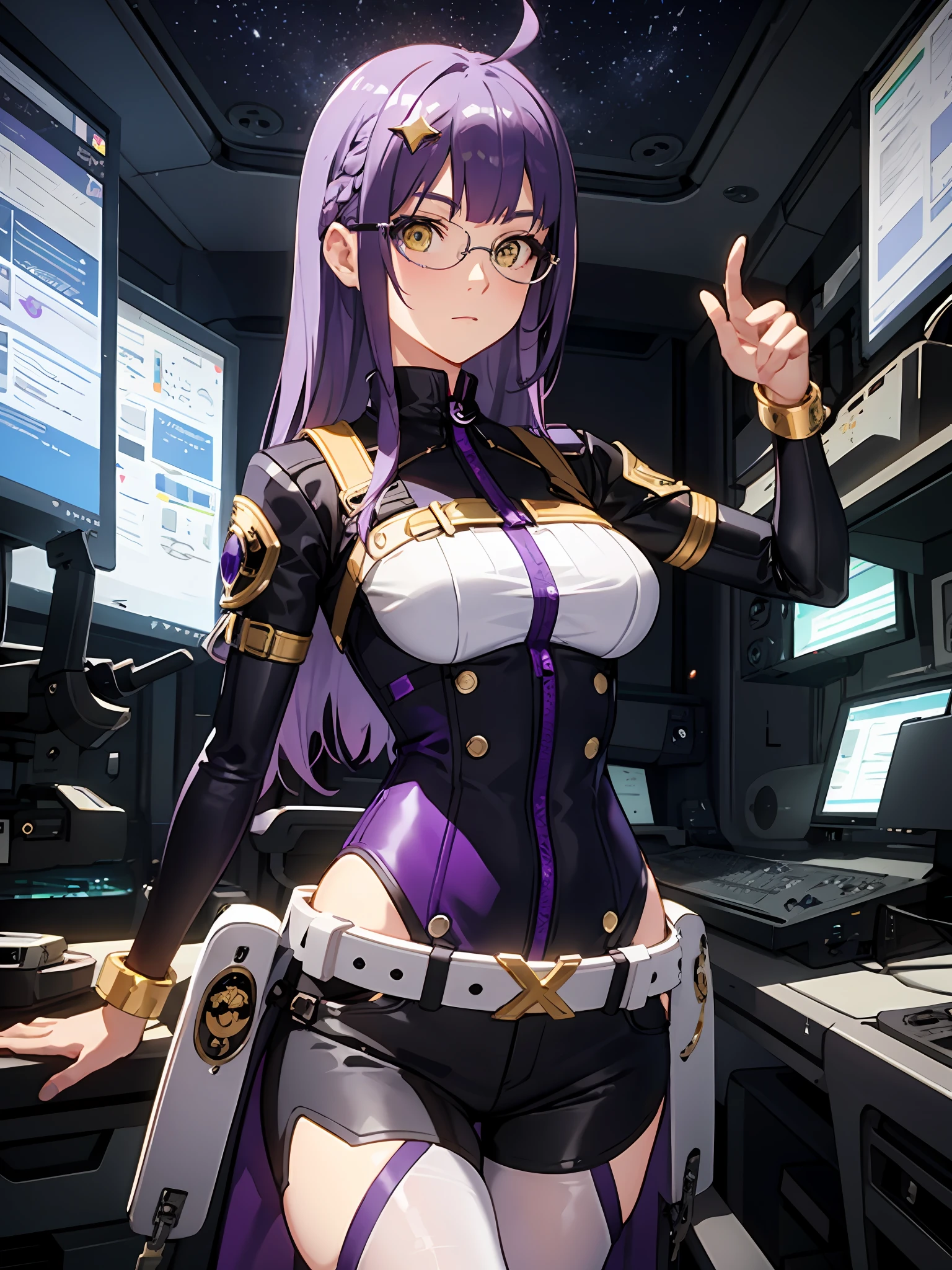 complex anime 3d render ultra detailed, (((masterpiece))), (((best quality))), ((ultra-detailed)),(3D Cartoon rendering),(from side),cinematic light,((single mechanical girl,alone)),({best quality}),(Ultra Fine),(full detail),delicate youthful face,well_developed curves,hourglass_figure,perspective,beautiful_face,high_quality_outfits,futuristic_outfits,silght_blush,full_body,full detail face,protective outfits,Honkai_Star_Rail,anatomical,Ray Tracing,Isomeric_view,;

(purple hair:1.5),indigo hair tips,two strand of deep violet hair framing face,violet ahoge, (waist-length flowy hair sorted into two parts on back),(one sharp triangle-shaped white mechanic head ornament at left side);(vivid yellow eyes:1.8,cross pupil),yellow goggle eyeglasses,golden hexagon necklace

Futuristic dress outfit,mechanic gadgets,elegant and modest outfits,black collar,black long slender sleeves,white short cape on back,black arm bracers,white bracelets,black gloves,white vest,white tanktop with violet lines,black mechanic corset with a pair of golden buttons,golden square badge on breast,violet zipper,violet traces, violet gadget holster attached to waists,white waist pack,violet waistband,(white scifi armor skirts,knee-length asymmeric segmented hems),(black streamline plain tassets),violet knee-length dress,black shorts,(black and violet pantyhose),golden mechanic gartener belt around left leg,silver waistband with gadget holsters,knee bracers;silver mechanic boots,heeled boots;

calm expression,brooding,stretching hands,standing,looking forwards

Night,Alone in white scifi command room with toolstands,standing in a spaceship,beside a workbench,starry sky visble through window in background, (starry sky:1.2),dreamy, [[delicate fingers and hands:0.55]:0.85],(detailed fingers)